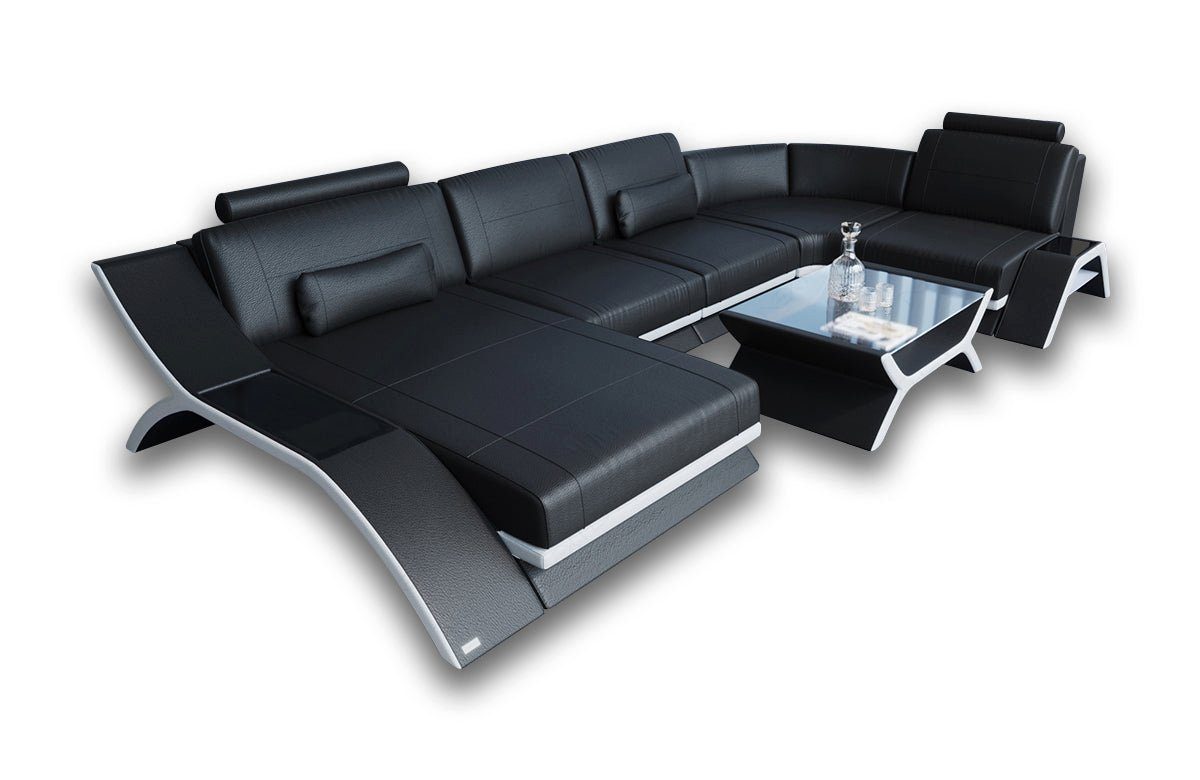 Sofa Dreams Wohnlandschaft Stoffsofa Couch Form Calabria C69 U LED, USB_Anschluss, Stauraum, Designersofa Sofa mit Polstersofa, Hellbraun-Weiss