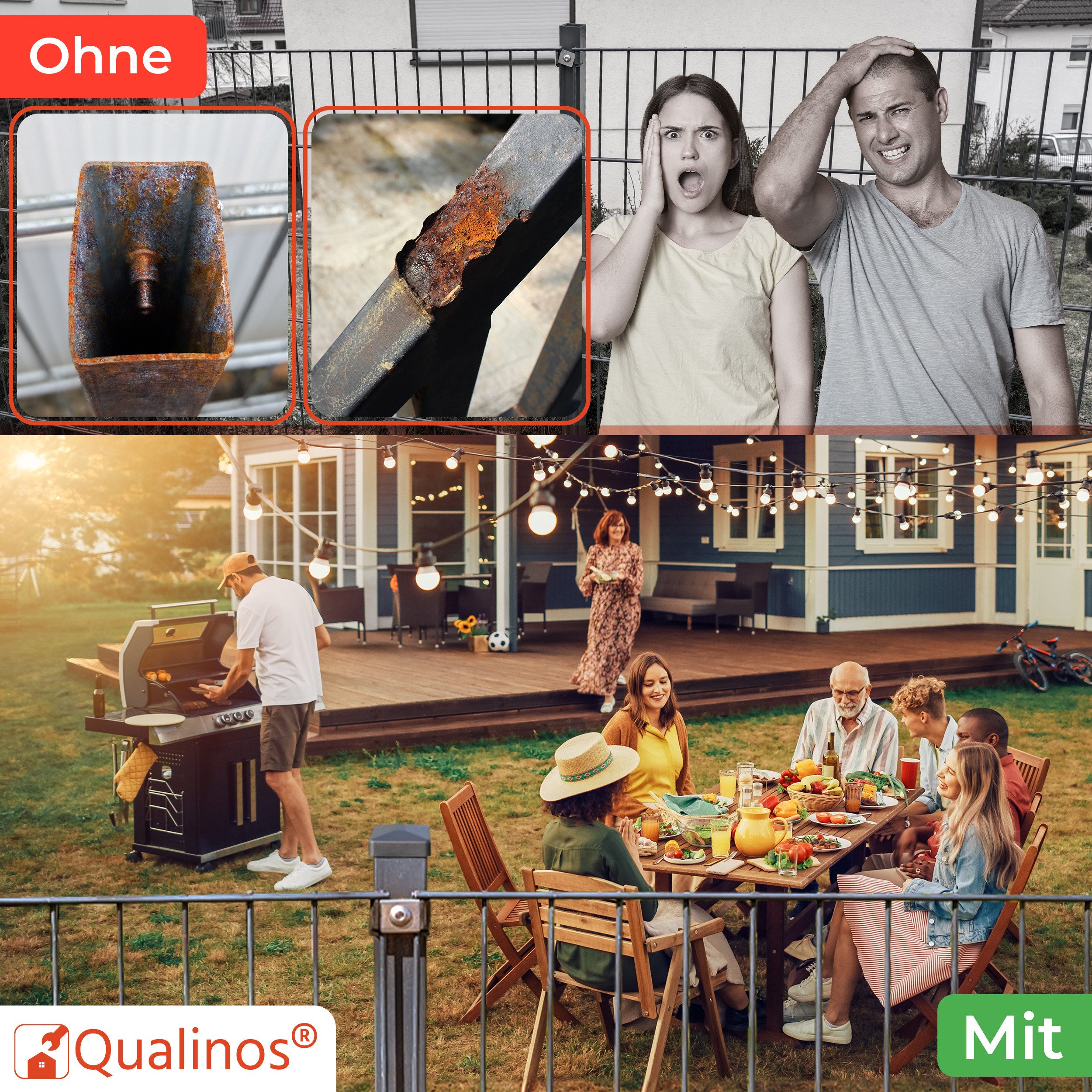 Qualinos Pfostenkappe Walmdach für Doppelstabmattenzaun Zaunpfosten 60x40 mm UV-stabilisiert (Vorteilspack, 10 St., Für 60x40mm Metallpfosten mit Flachdach), UV-Stabilisiert, Frostsicher, Made in Germany, Passgenau