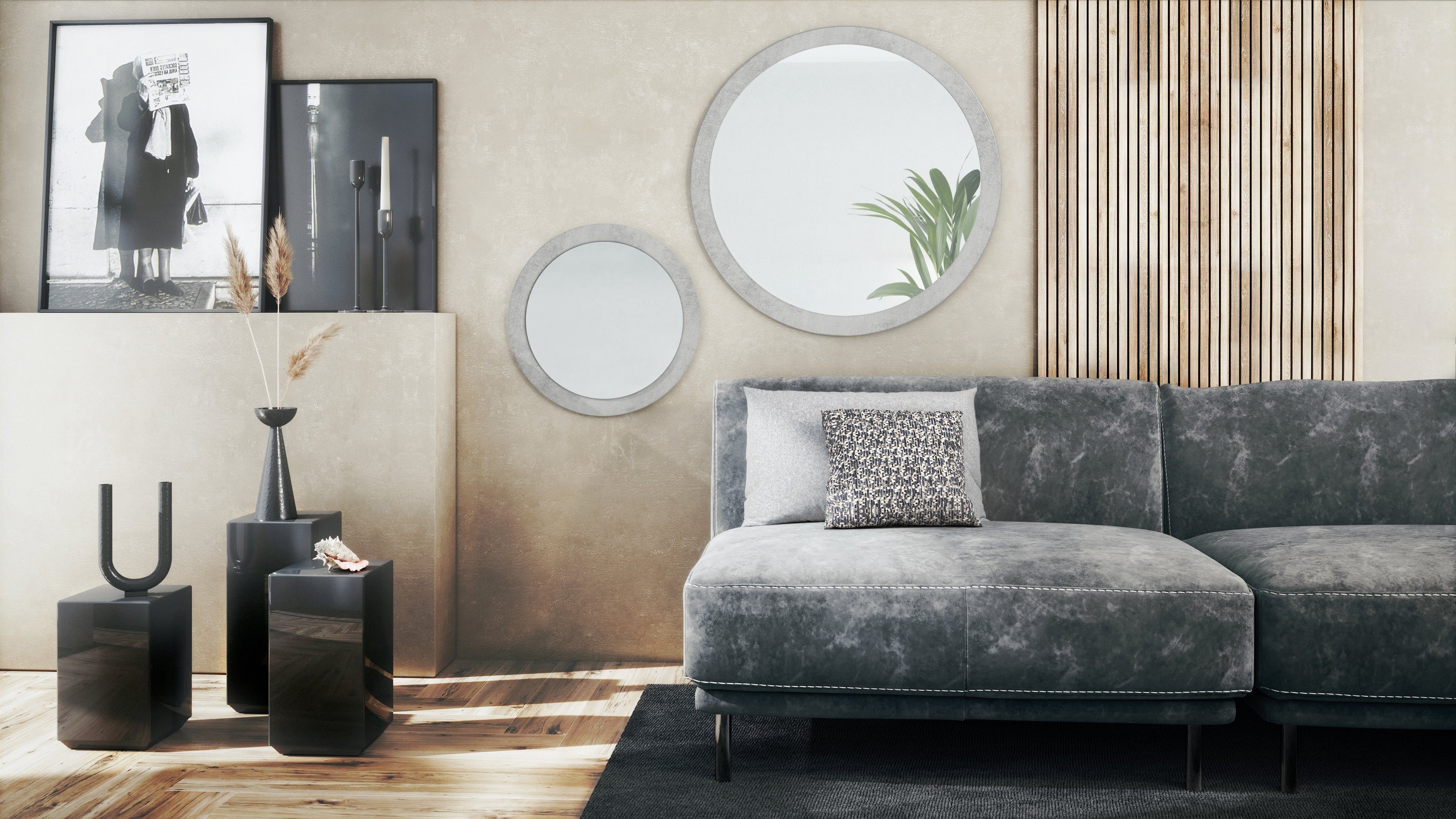 Durchmesser) (2 in Vladon Optik MDF-Rahmen), 80 Wandspiegel Beton mit cm und für (50 Globe Spiegel, Wohnzimmer und dekorative runde Oxid Flur