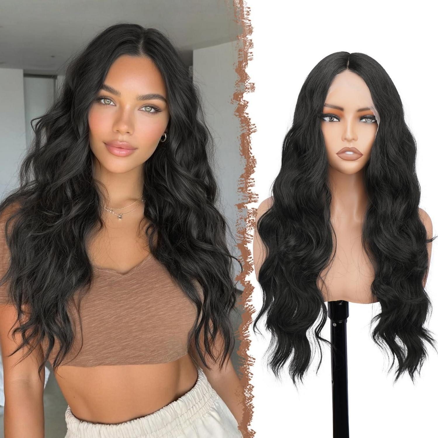 LuxusKollektion Kunsthaarperücke Perücke Lace Front HD Kunsthaar Lockig Gewellt 70 cm Frauen Schwarz