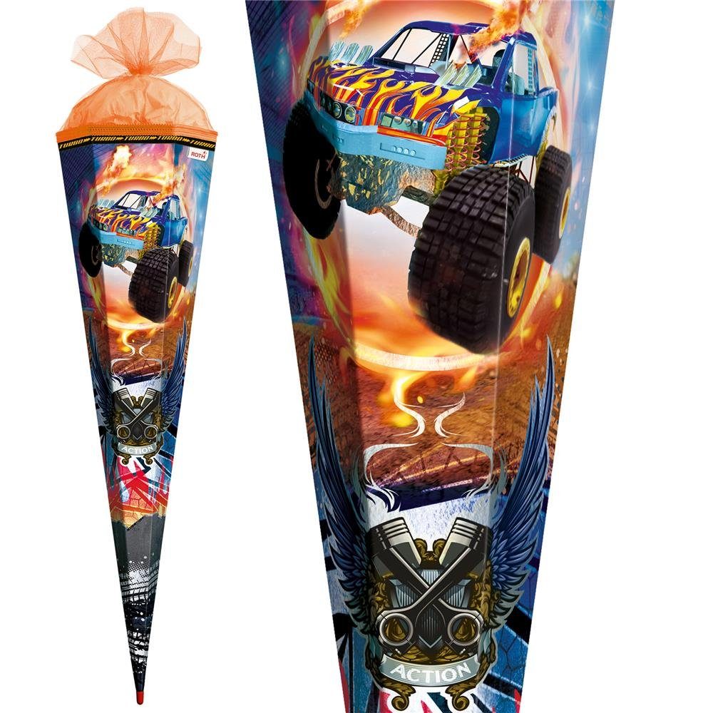 Roth Schultüte Monstertruck Fire mit Folieneffekt & Spezialborte, 85 cm, eckig, mit orangefarbigem Tüllverschluss, für Schulanfang