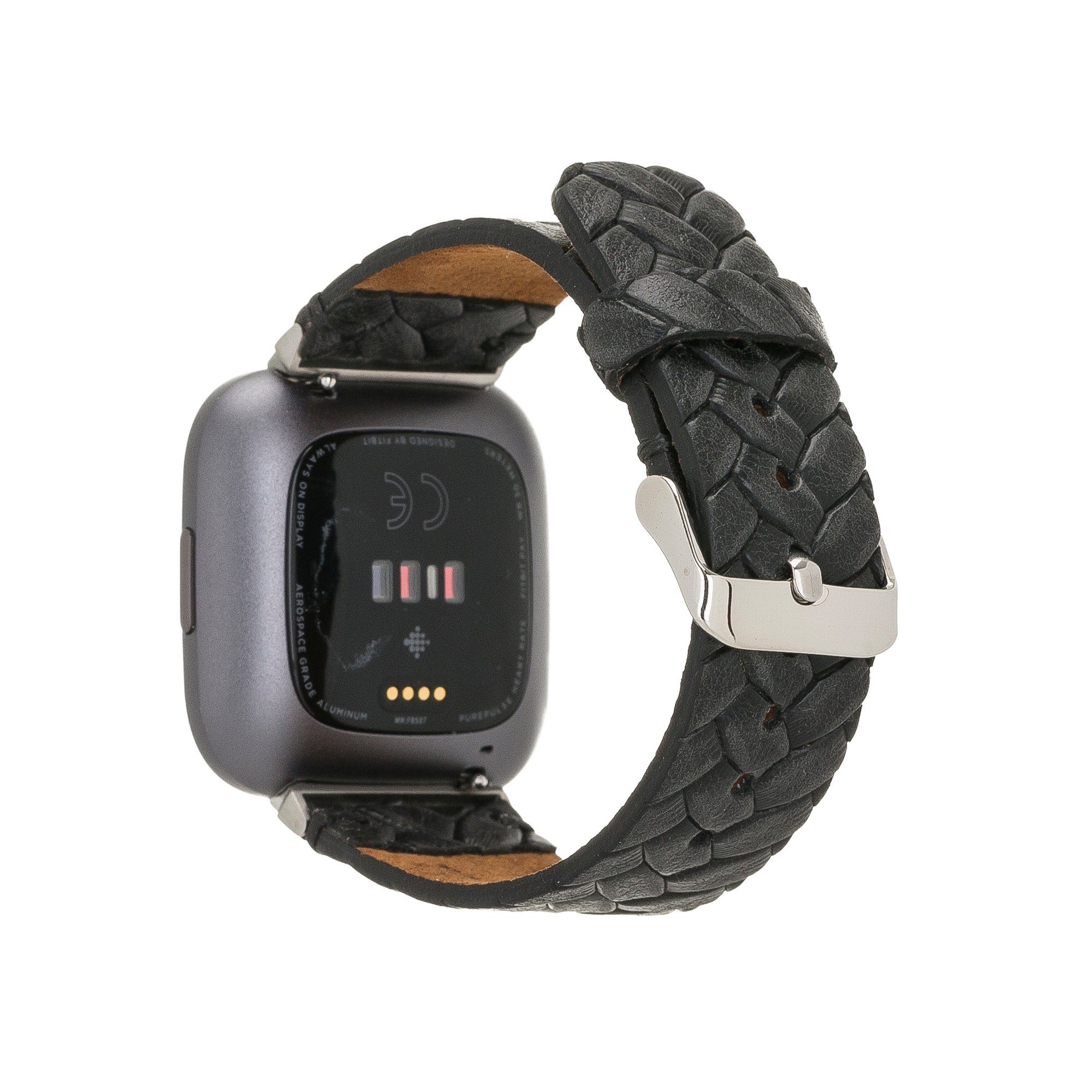 Renna Leather Smartwatch-Armband Fitbit Versa 4 / 3 / Sense & 2 Armband Echtes Leder Ersatzarmband Schwarz Geflochten