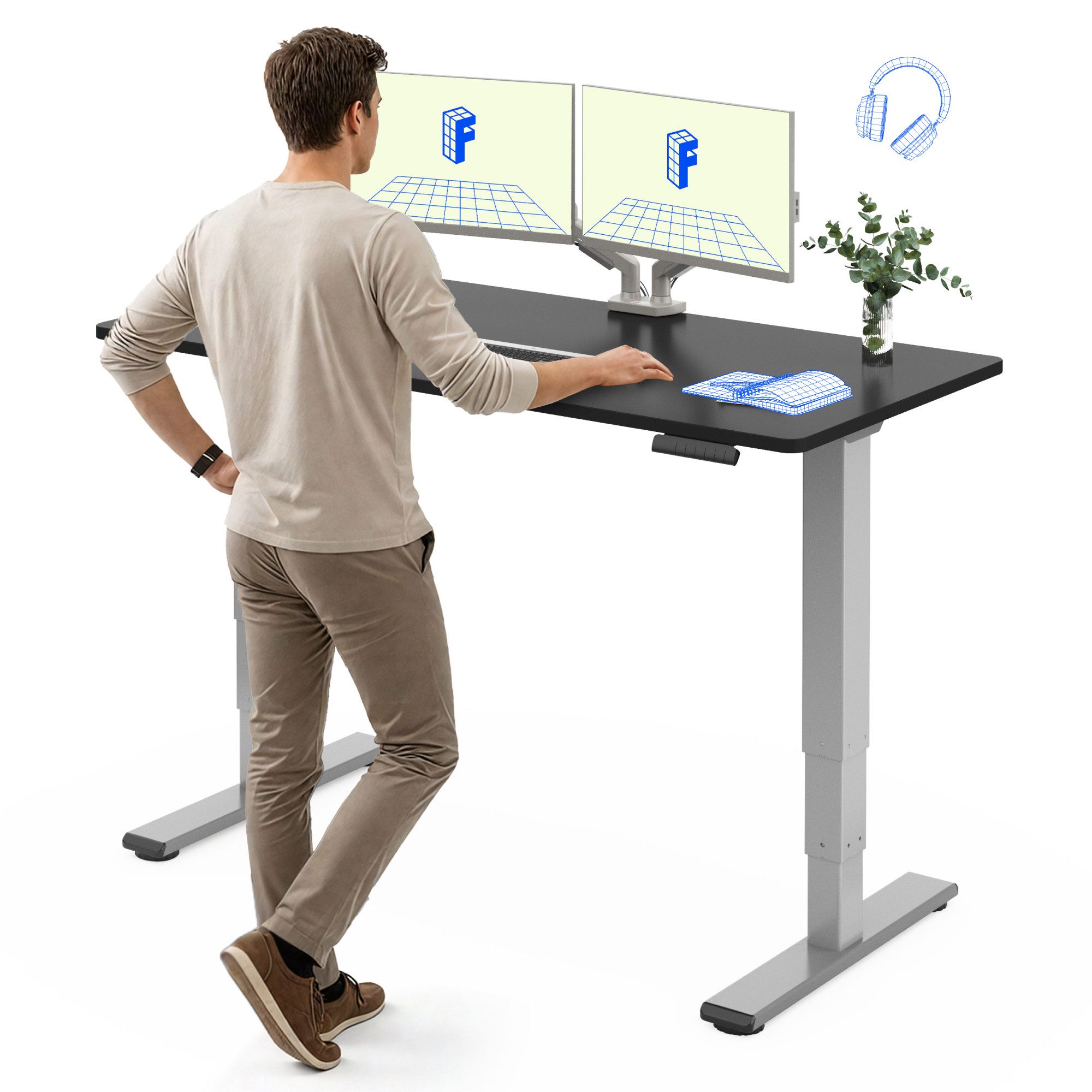 FLEXISPOT Schreibtisch Elektrisch Höhenverstellbarer Schreibtisch EC5 LITE mit Dualmotor (25MM einteiliger Tischplatte & 3-fach Teleskop, 4 Speicherhöhen & Antikollisionssystem), 120x80/140x80/160x80/180x80