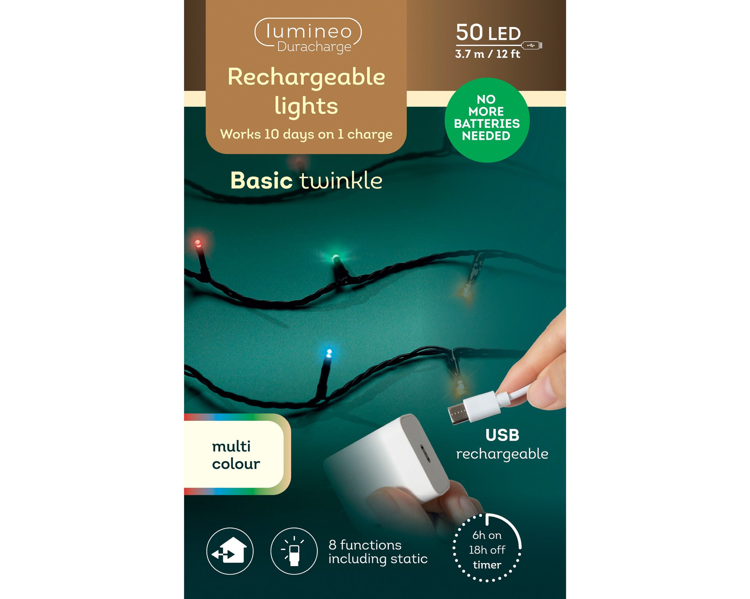 Lumineo LED-Lichterkette, LED Lichterkette 3,7m Duracharge Batterie 50 LEDs Bunt / Schwarz