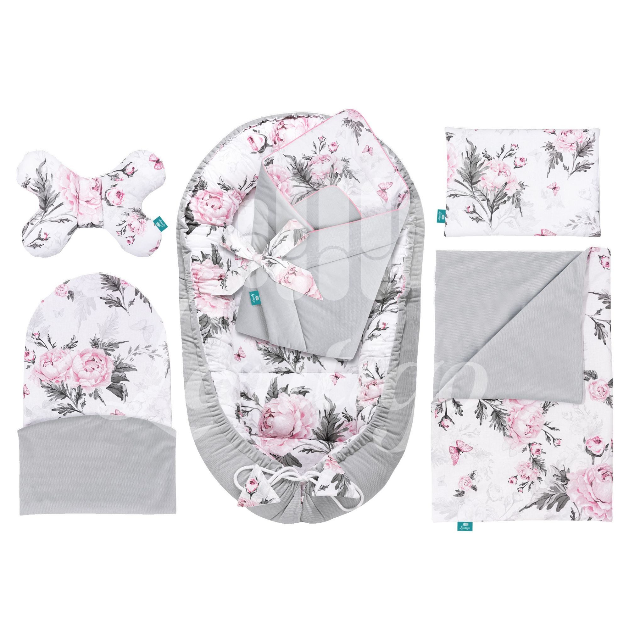 Lantigo Bettnestchen Nest Set für Neugeborene, Babynest Baby Erstausstattung, (Rosa / Grau, 6-tlg., Pink Flowers Grey), Baumwolle/Samt inkl. Baby - Kuschelkokon, Babyhörnchen, Kissen, Decke