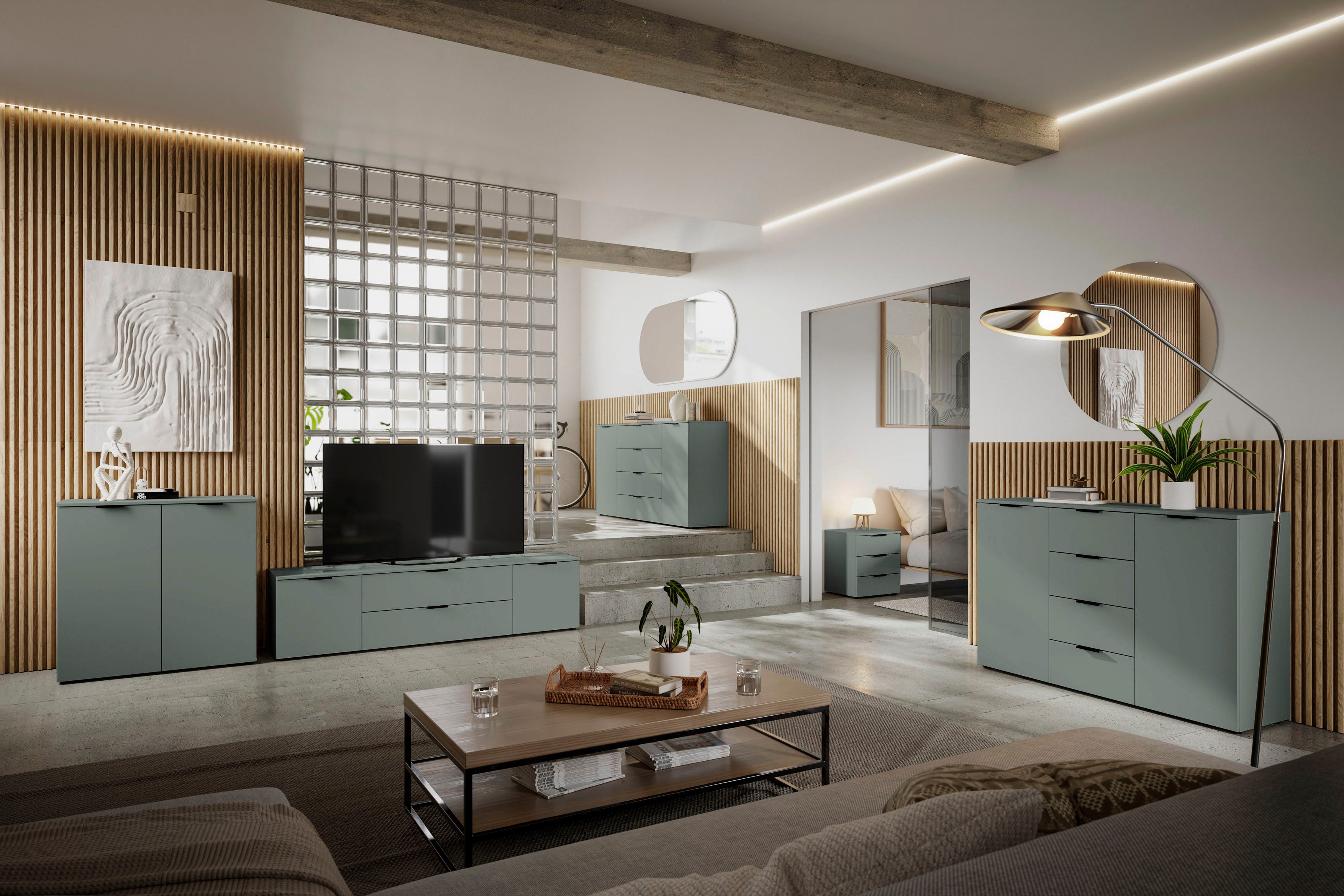 HBZ Lowboard Linz TV-Unterschrank, BxHxT 180x47x40cm (1 St), Breite 180cm,Lip-Griff, Melaminbeschichtung