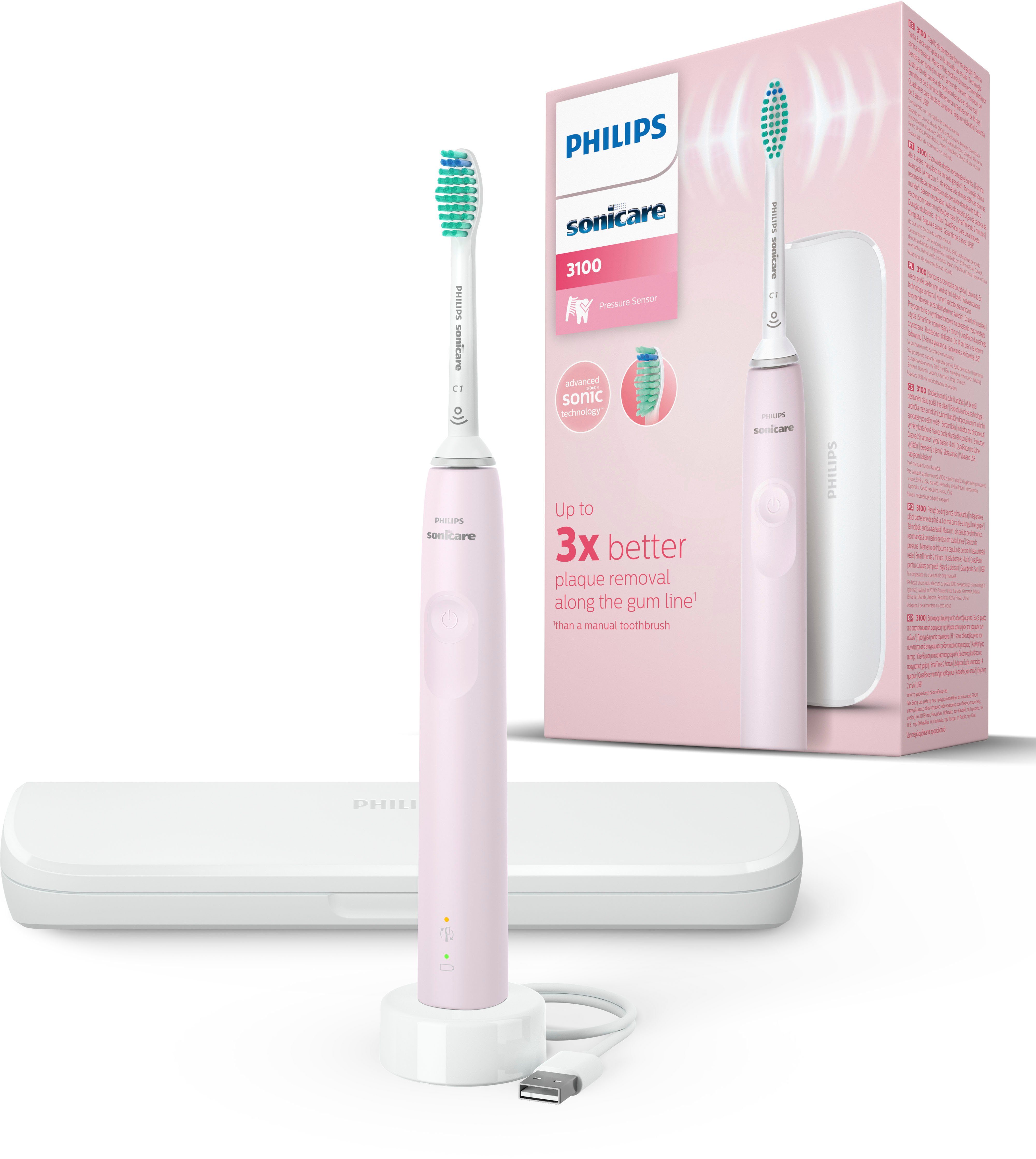 Philips Sonicare Elektrische Zahnbürste Series 3100 HX3673, Aufsteckbürsten:  1 St., mit Schalltechnologie, 4-Quadranten-Timer und 2-Minuten-Timer, Der  integrierte Drucksensor schützt Ihre Zähne und Ihr Zahnfleisch
