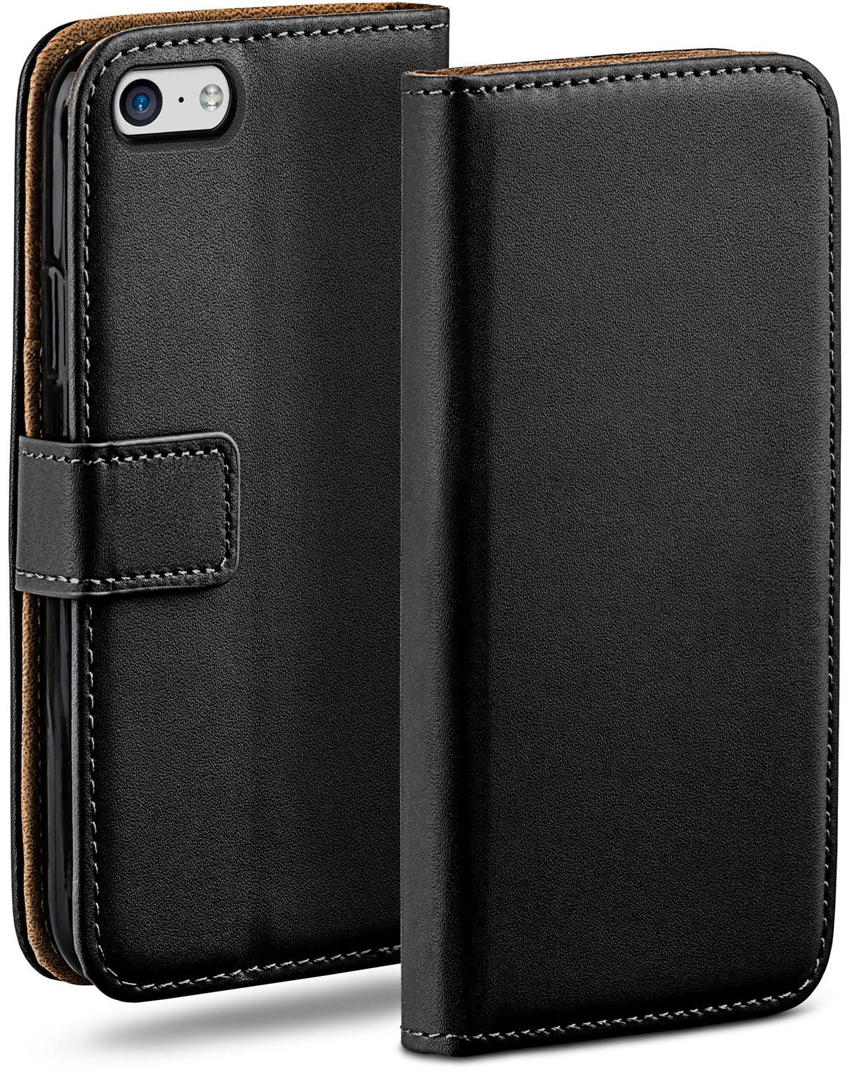 moex Handyhülle für iPhone 5c Hülle Klappbar Book Case Schwarz 4 Zoll, Klapphülle Kartenfach Flip Cover Handytasche Leder Optik Schutzhülle