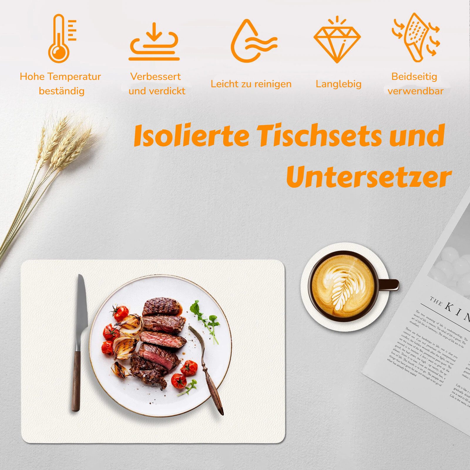 BlingBin Platzset 12er Set Tischsets & Untersetzer-Abwaschbar aus Kunstleder,Tischmatte, (12er Set, 12-St., Maße: Tischset 43 × 30 cm; Untersetzer 10 × 10 cm), Wasserdicht Platzdeckchen für Küche, Esszimmer Partytisch Dekoration