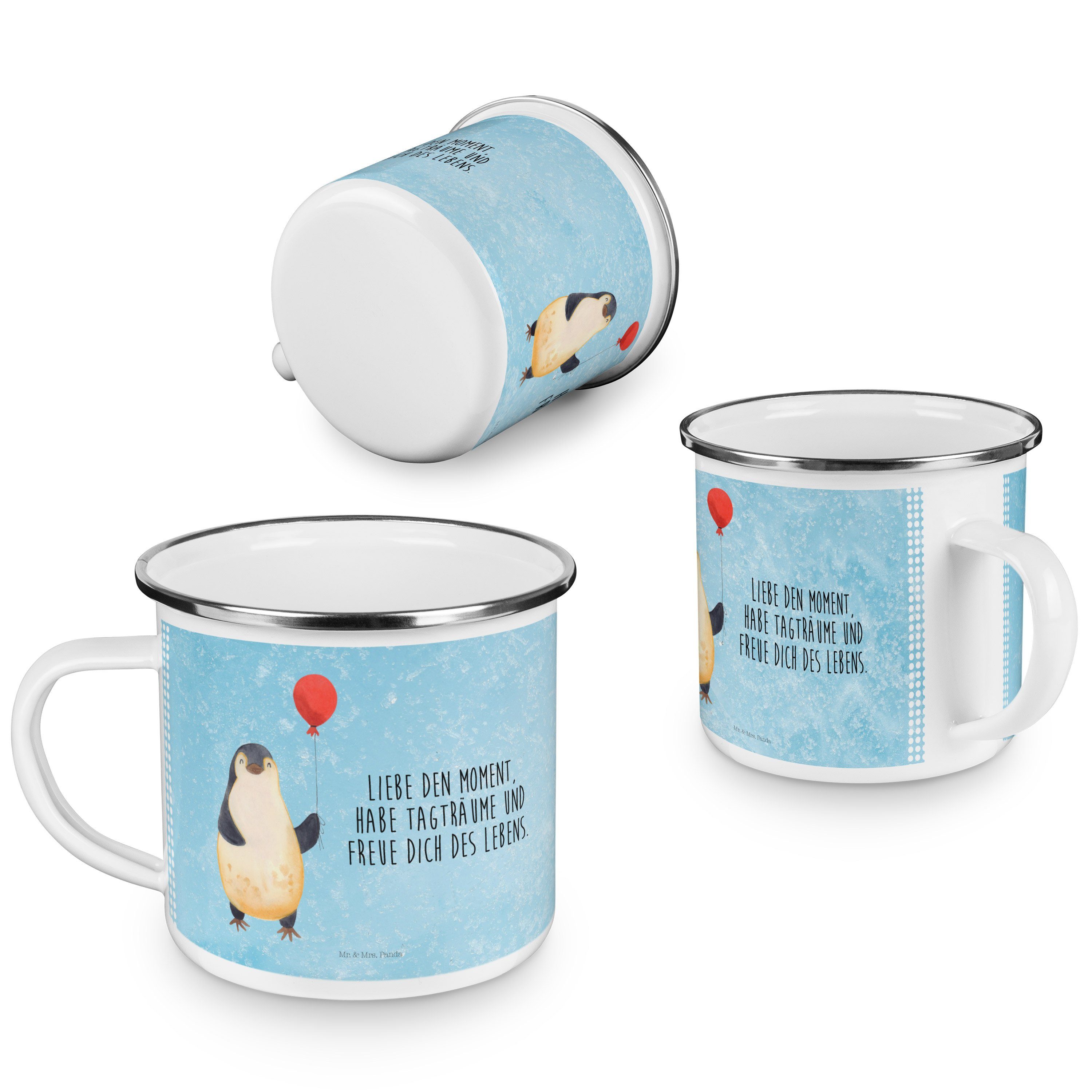 Mr. & Mrs. Panda Pinguin Tagträume, Eisblau Campingtasse, - Kin, Geschenk, Becher Emaille Luftballon 