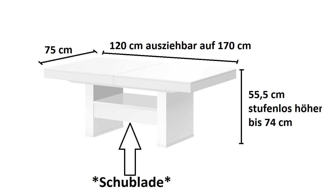 designimpex Couchtisch HLU-111 Weiß Hochglanz Schublade höhenverstellbar ausziehbar Esstisch, Funktionstisch, Wohnzimmertisch, Tisch, Esstisch, Sofatisch, Schublade
