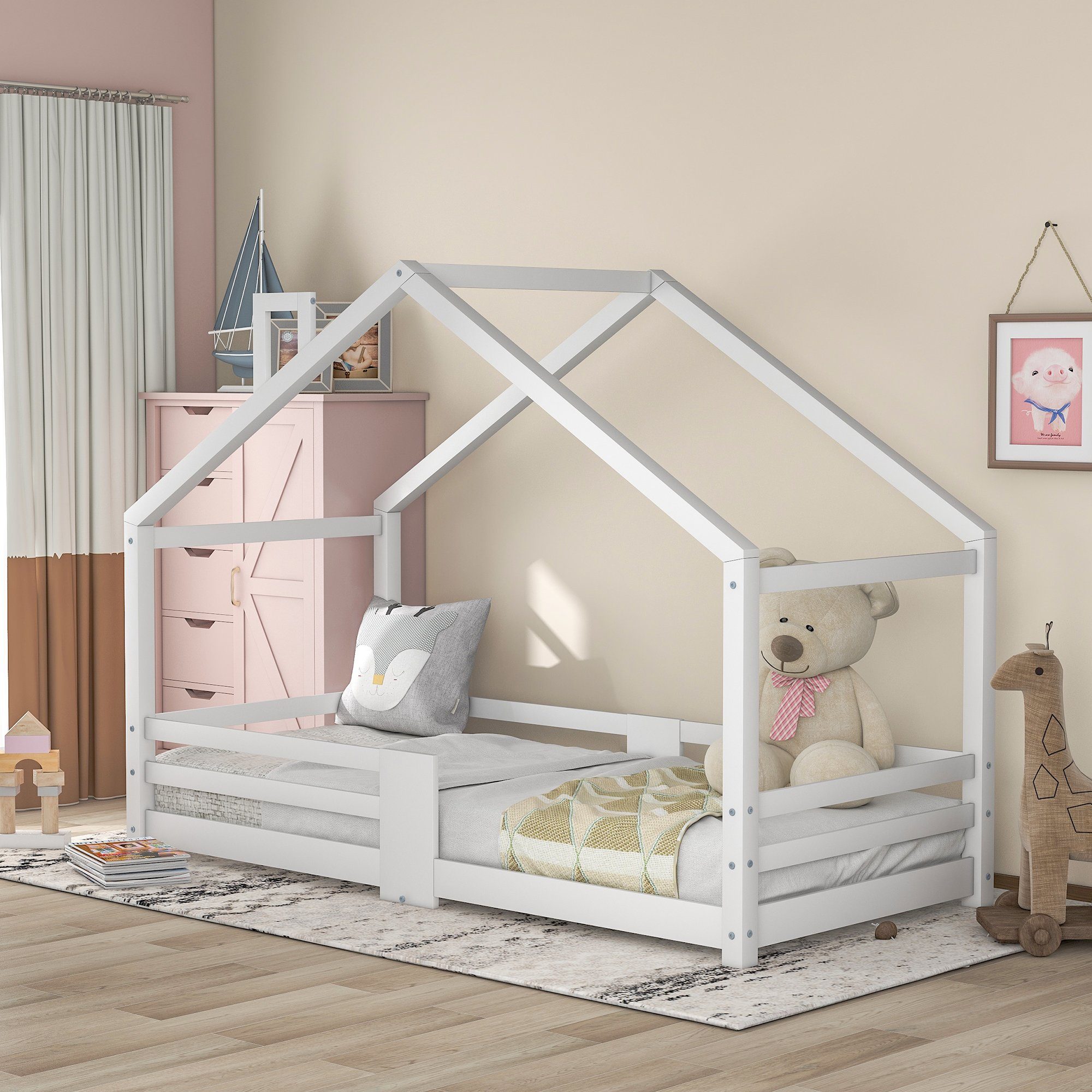 Radelldar Kinderhausbett 90x200 Cm Mit Rausfallschutz - Graues Kiefernholz Bett Mit Lattenrost