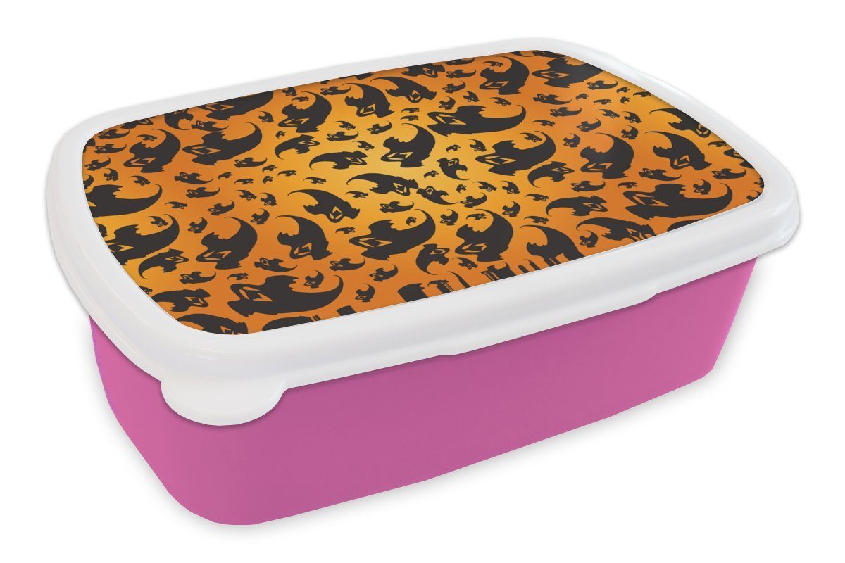 MuchoWow Lunchbox Halloween - Orange - Muster, Kunststoff, (2-tlg), Brotbox für Erwachsene, Brotdose Kinder, Snackbox, Mädchen, Kunststoff rosa