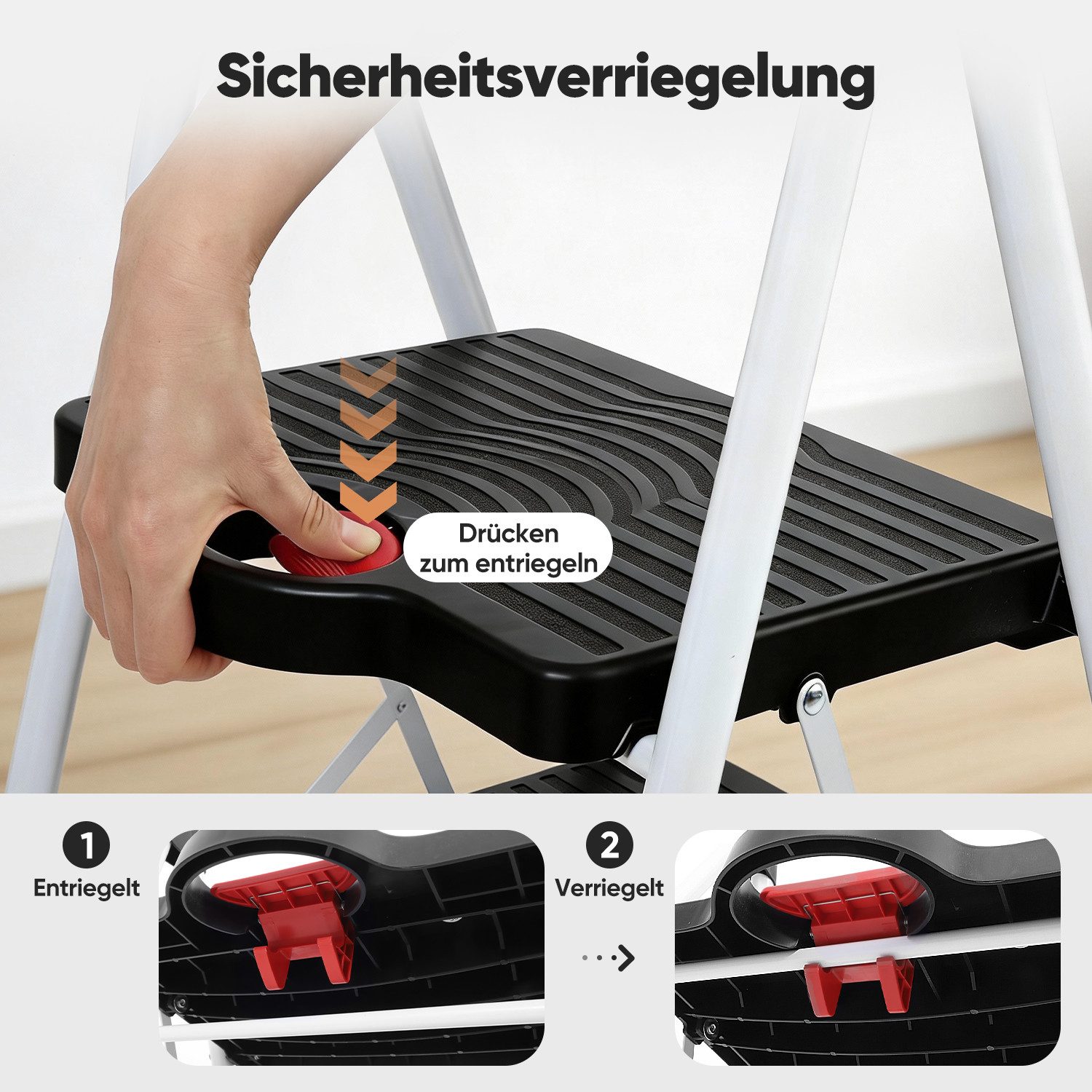 Sekey Trittleiter Klappbar Klapptritt Faltbar mit XXL 36 x 26cm rutschfester Trittfläche, 2-Stufen Trittleiter rutschfest bis 150 kg mit Klappsicherung