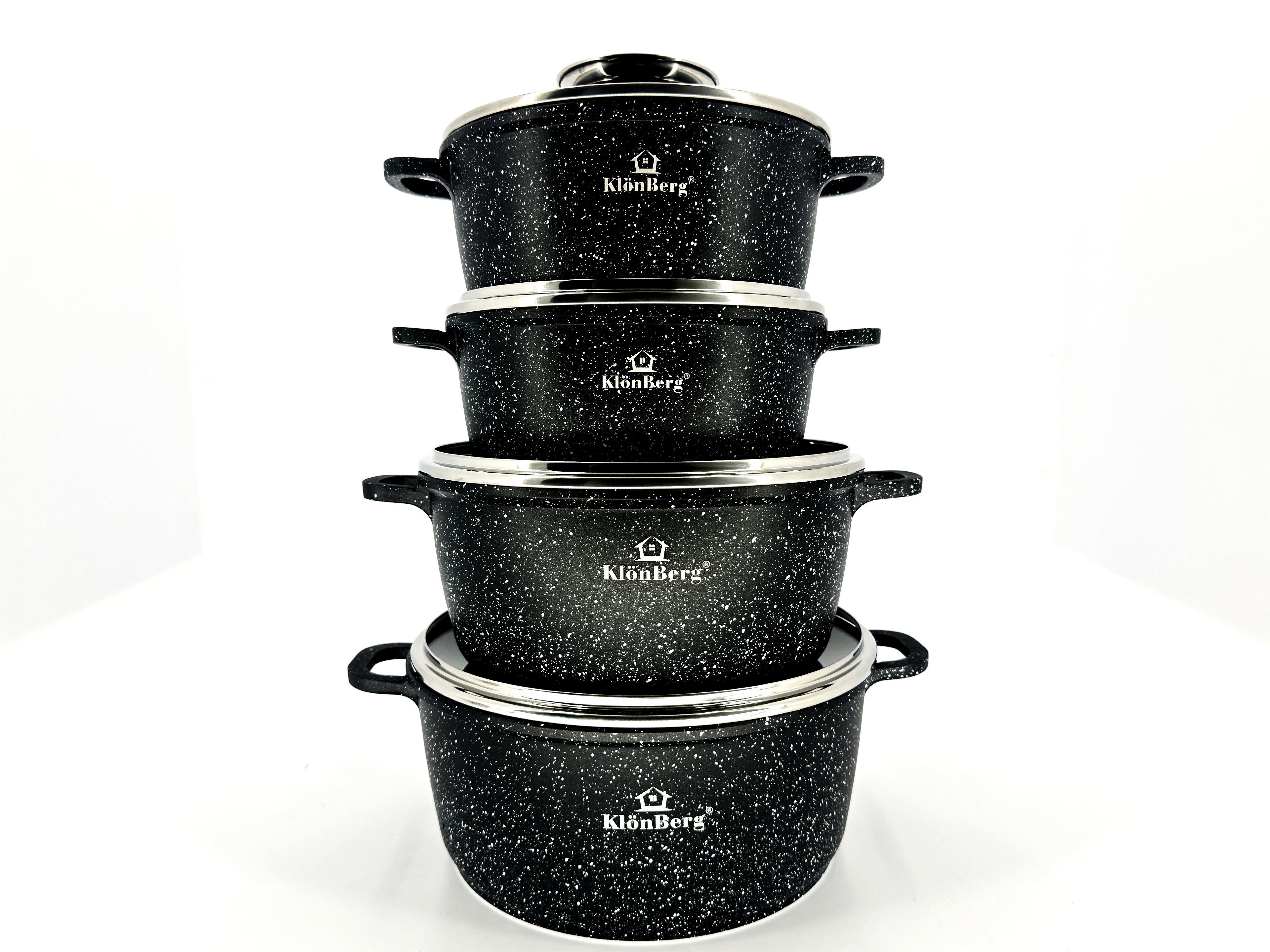 KlönBerg Topf-Set Wunderschöne Töpfe mit Steinbeschichtung in 4 verschiedenen Größen, Aluminium, Aluminiumguss, Keramik, Edelstahl (Passt in jede Küche! (1.2L / 2.3L / 4.5L / 5.5L), 8-tlg., Es ist eine perfekte Geschenkidee für jeden Anlass), Innovative Aroma Knob-Griffe