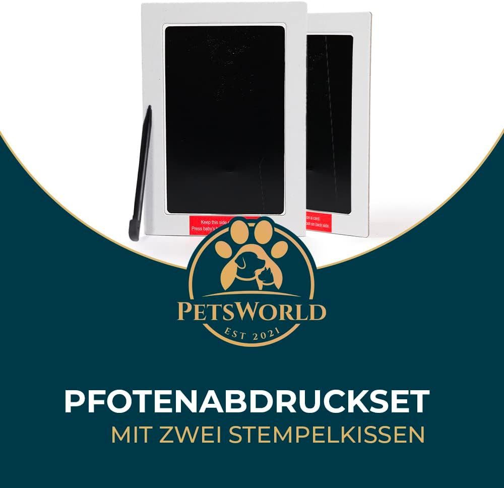 PETSWORLD EST 2021 Handabdruck-Set PETSWORLD Pfotenabdruck-Set sauber & sicher für Baby & Haustier, 2 Stempelkissen, 12 Karten & Stift Abdruck ohne Farbe auf Haut/Fell