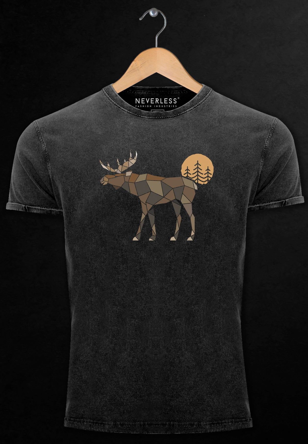 Polygon Elch mit Vintage mit Print Print-Shirt Shirt Herren Neverless Aufdruck Moti Outdoor Printshirt