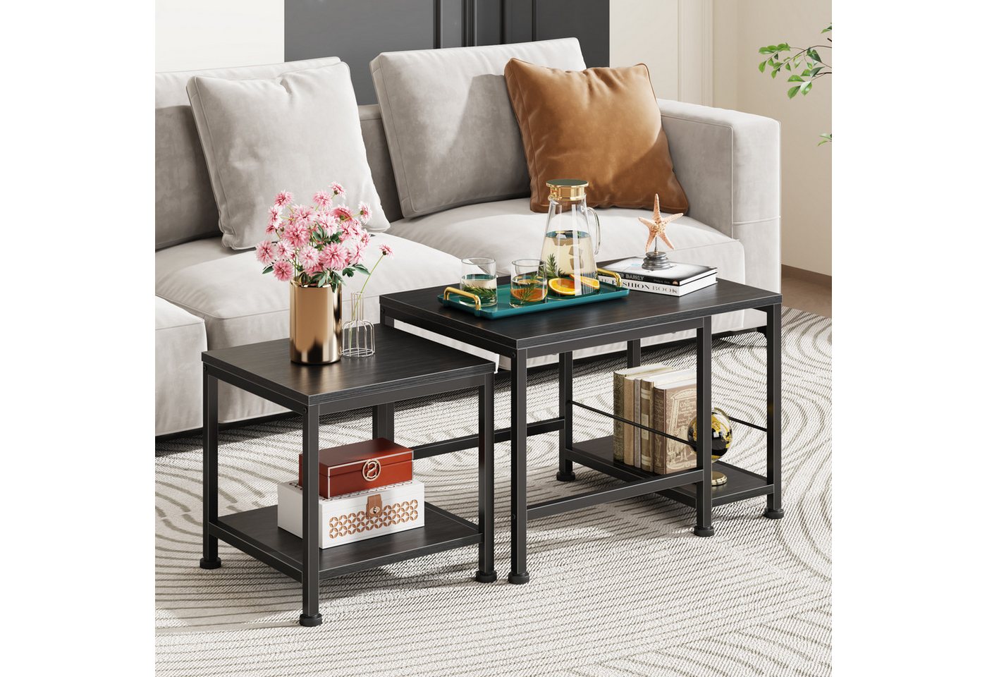 OYRREU Couchtisch stapelbarer Satztisch Set, 4 Ablageflächen, OTTO'S CHOICE (Sofatisch, Wohnzimmertisch 2er), Metallgestell, stabil, platzsparend, Mehrzwecktisch