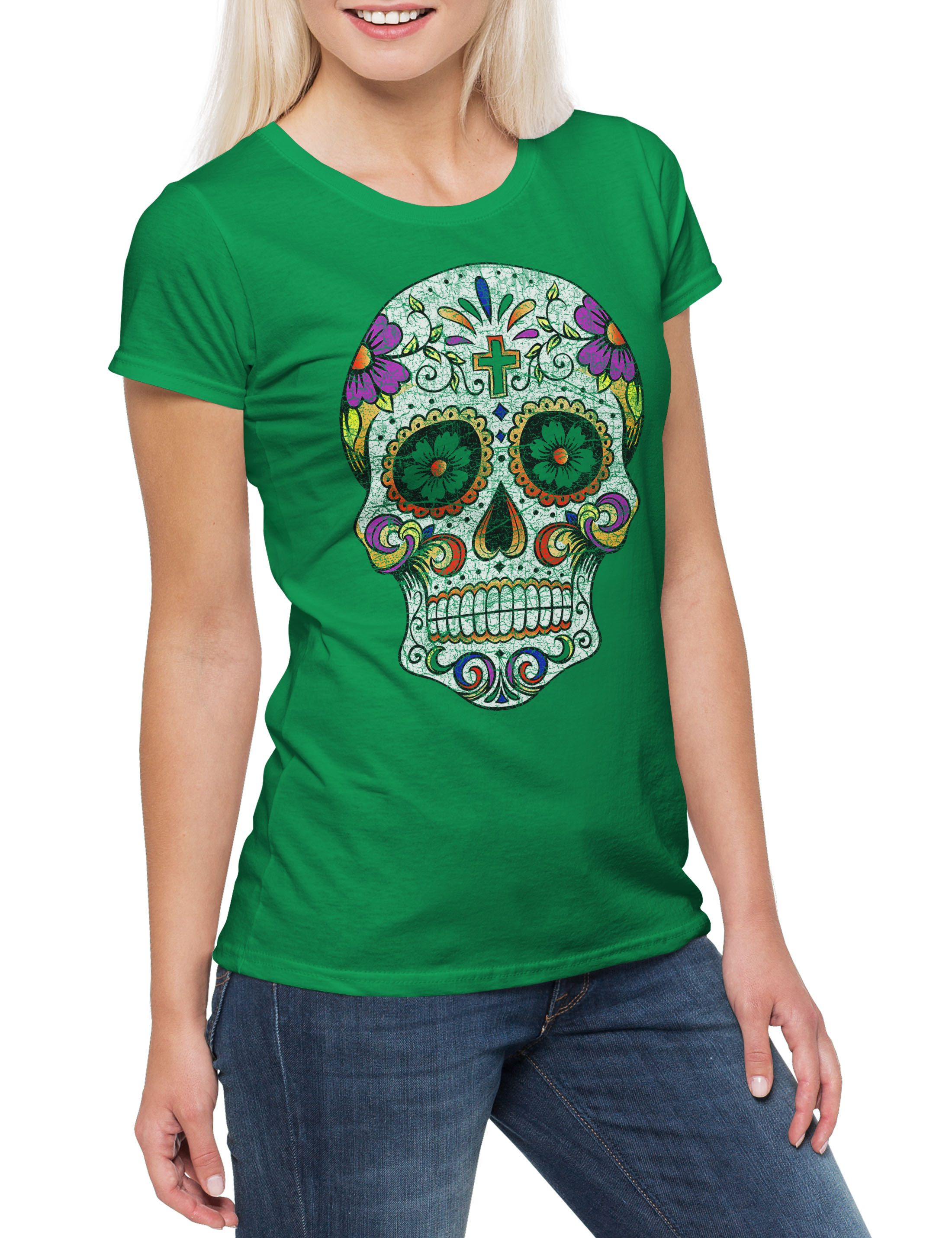 Print-Shirt Mexican Skull III Damen T-Shirt Schädel Totenschädel Totenkopf Mexiko