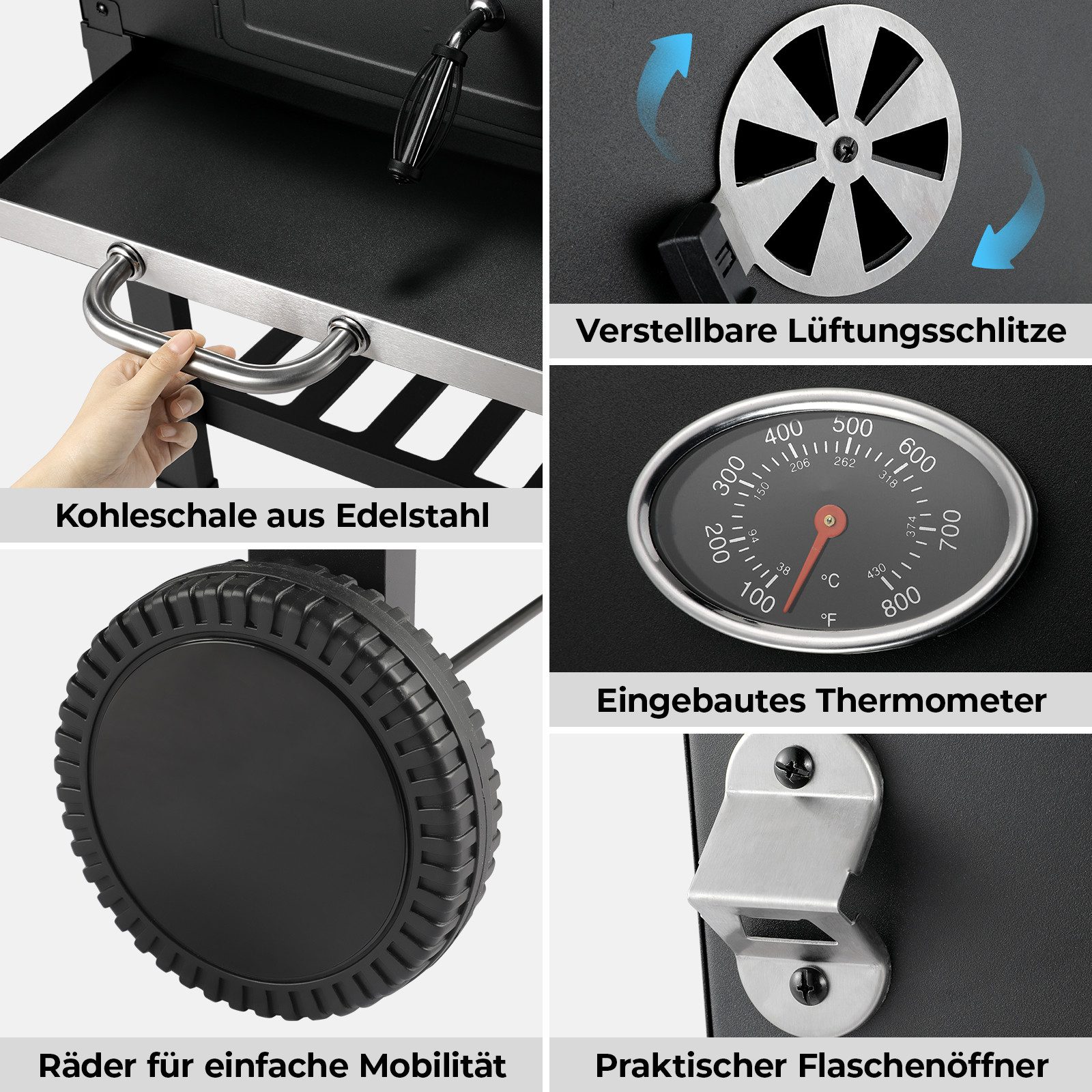 TLGREEN Holzkohlegrill mit Deckel, Grill Grillwagen BBQ Smoker XL, Holzkohlegrill mit Ablage, Standgrill, Groß Kohlegrillwagen für Camping, Garten