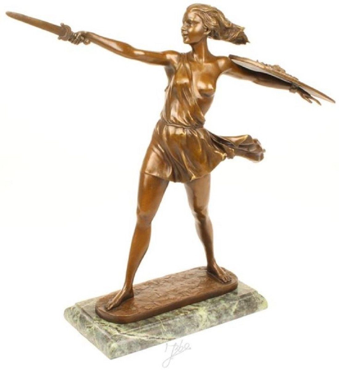 Casa Padrino Dekofigur Luxus Bronze Skulptur Amazonen Kämpferin Bronzefarben / Grau 51,8 x 13,8 x H. 47,7 cm - Bronzefigur mit Marmorsockel - Dekofigur