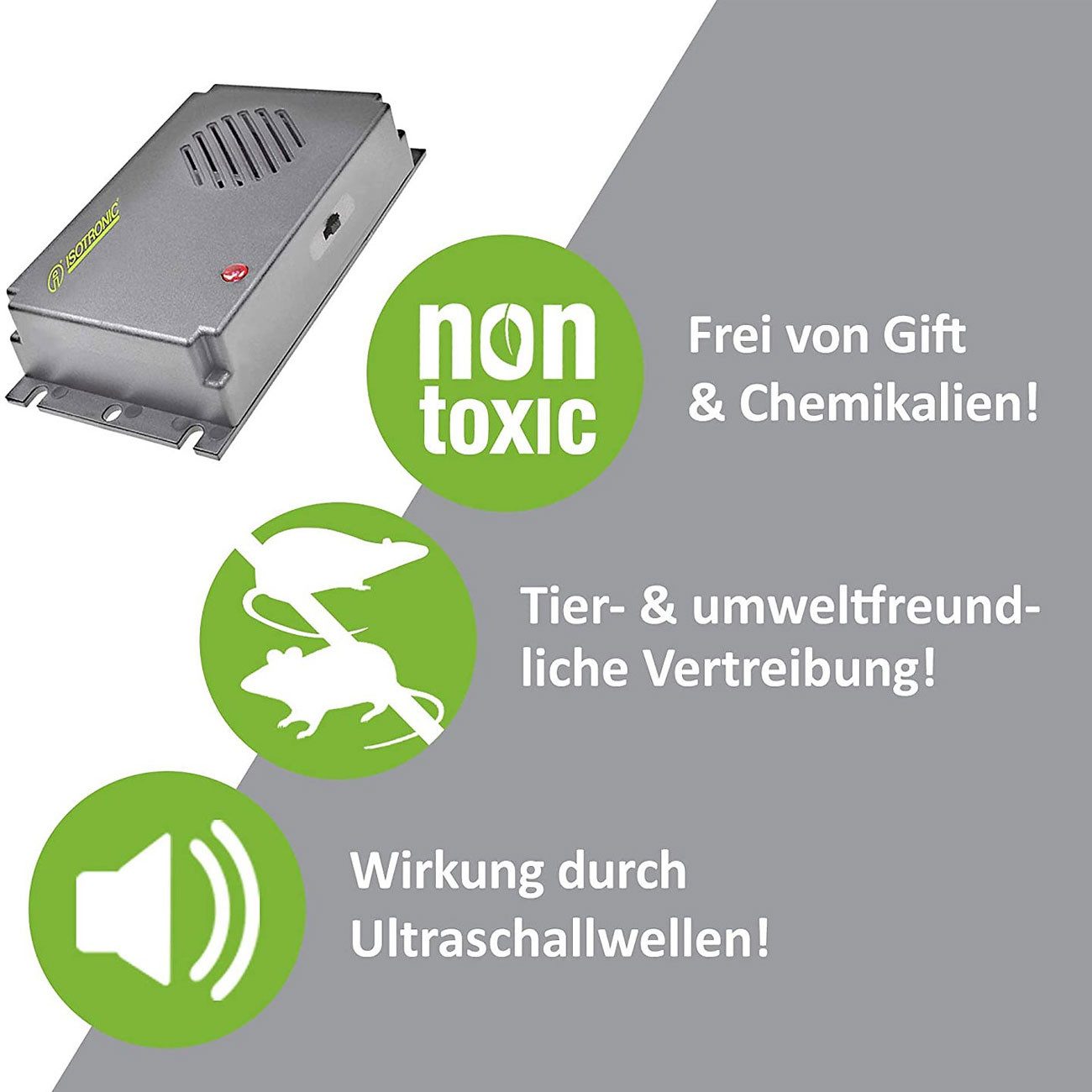 ISOTRONIC Ultraschall-Tierabwehr Mobiler Ultraschall Vertreiber, Mäuse & Ratten Abwehr, Batterie, 40m², 1-tlg., 1er/2er-Set, Batterie-Ultraschall-Abwehr gegen Mäuse & Ratten für bis zu 40m²