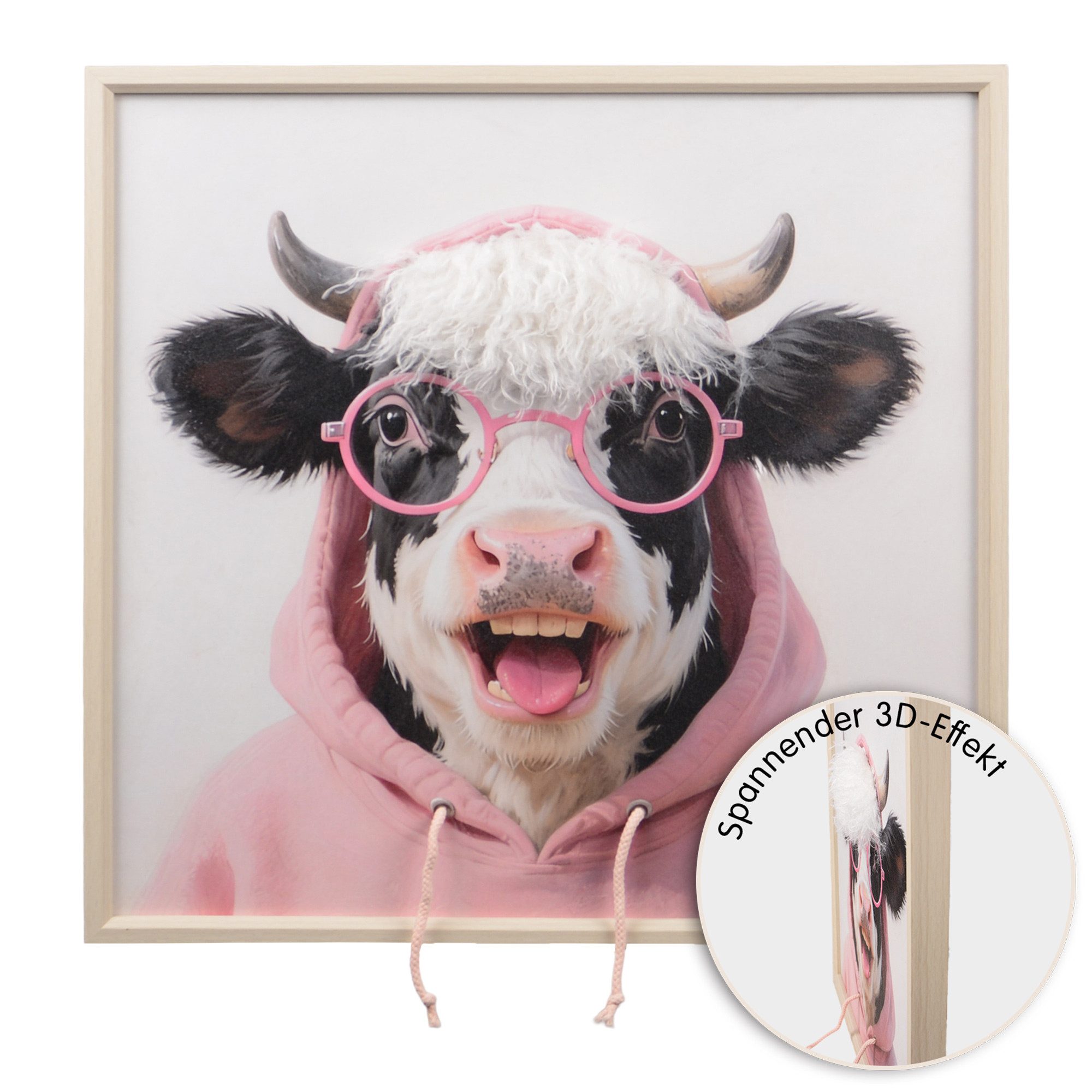UNUS HOME Wanddekoobjekt Wandbild Kuh mit Hoodie und Brille in pink (60x60cm), 3D Effekt, Kuh Wandbild, Tier Wanddeko, Wandbild Wolle, humorvoll