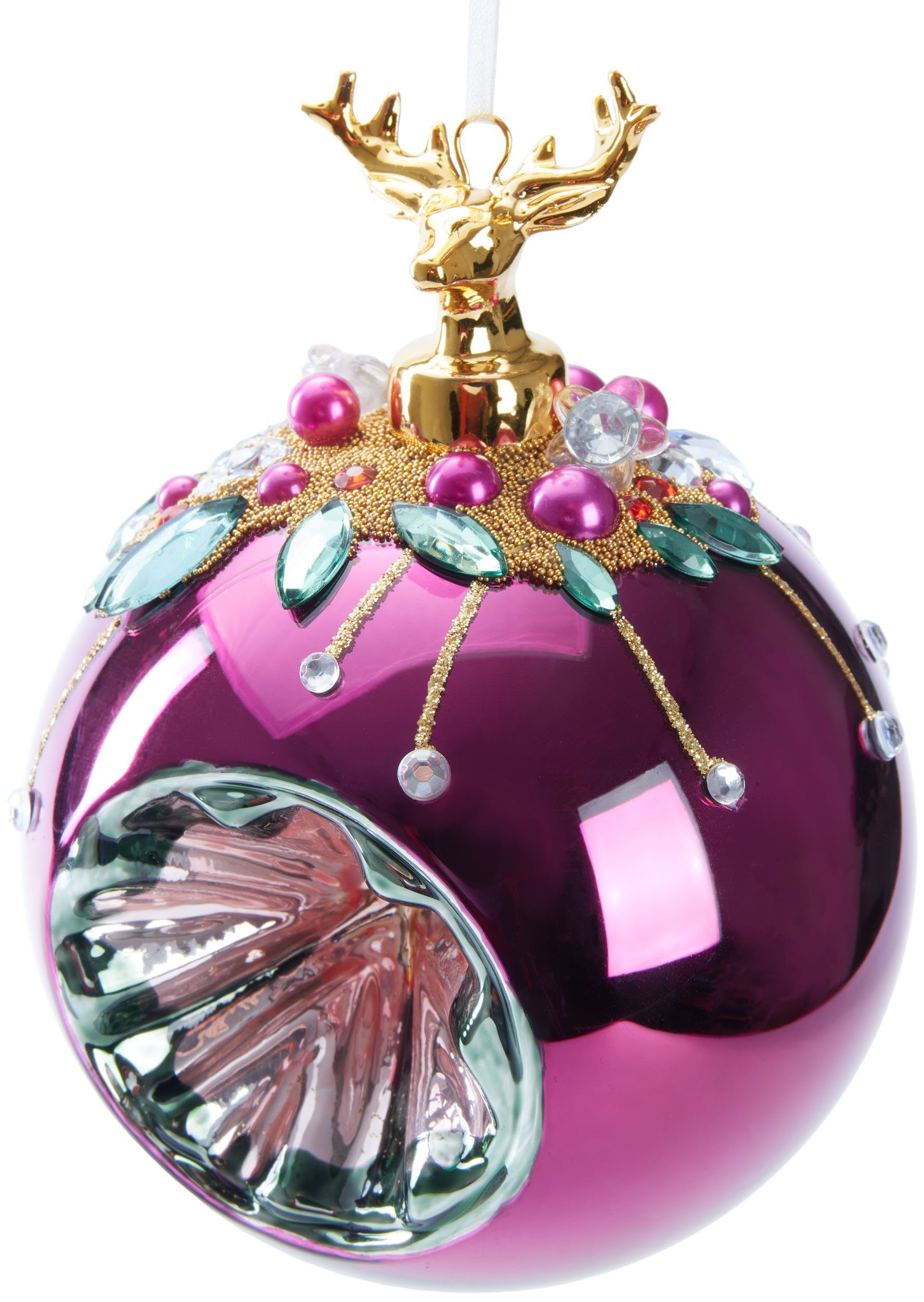 BRUBAKER Weihnachtsbaumkugel Premium Weihnachtskugel - Tiere mit Blumen - 10 cm Christbaumschmuck (1 St), Christbaumkugel aus Glas mit Perlen-Deko und Figur - Handdekoriert