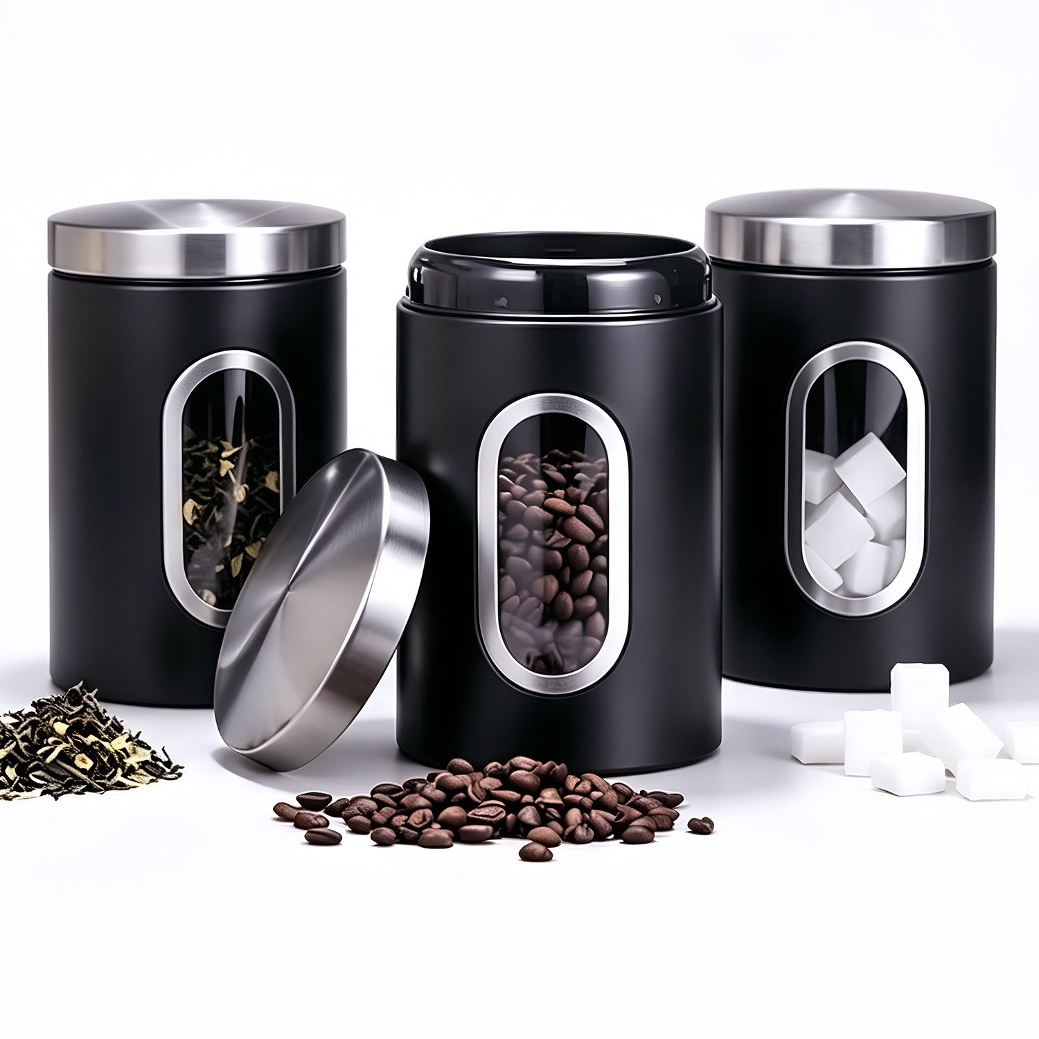 HEYHIPPO Kaffeedose 3er Set Kaffeedosen Edelstahl – luftdicht, mit Sichtfenster, 17,5×11cm, (Set, zur Aufbewahrung von Kaffee, Tee, Zucker, für Küche & Vorrat), Luftdichte Vorratsdosen,mit Deckel,für Nüsse & Kekse, schwarz