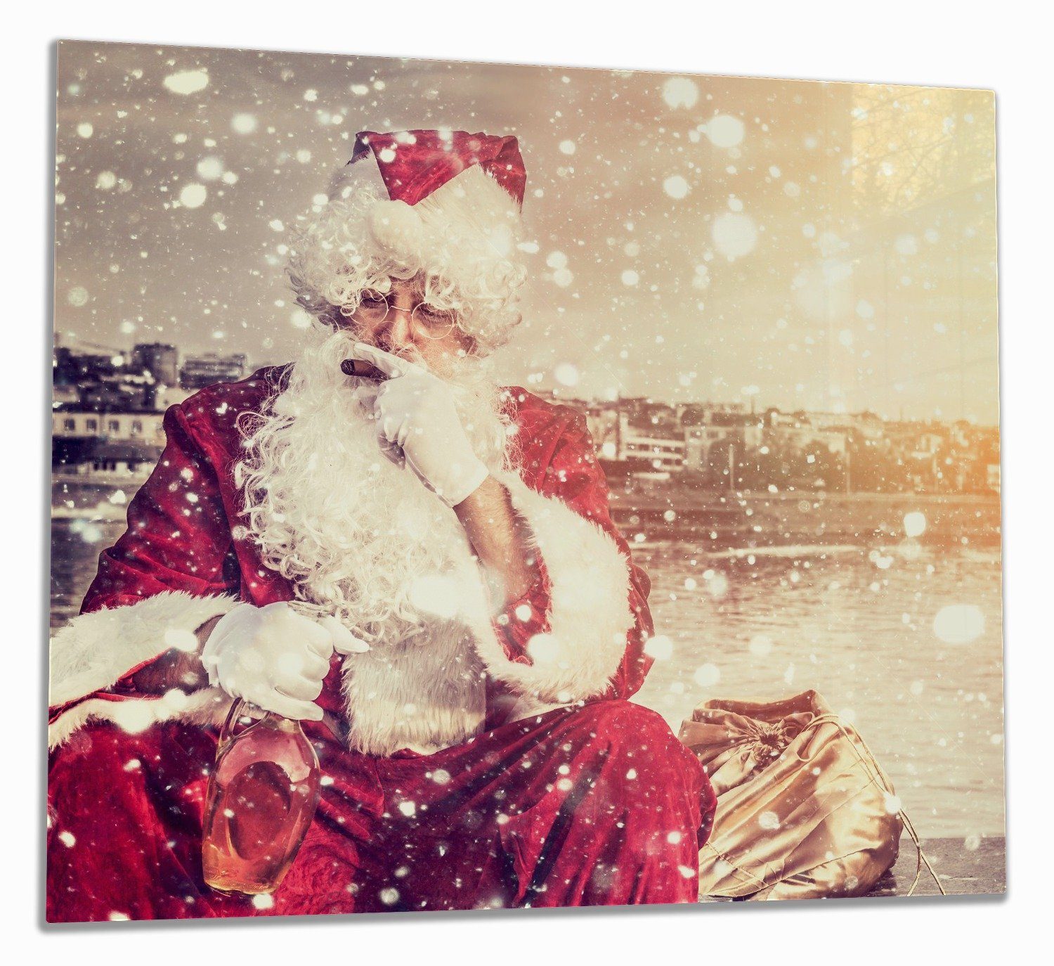 Wallario Herd-Abdeckplatte Christmas-Party - Weihnachtsmann mit Schnaps und Zigarre, ESG-Sicherheitsglas, (Glasplatte, 1 tlg., inkl. 5mm Noppen), verschiedene Größen