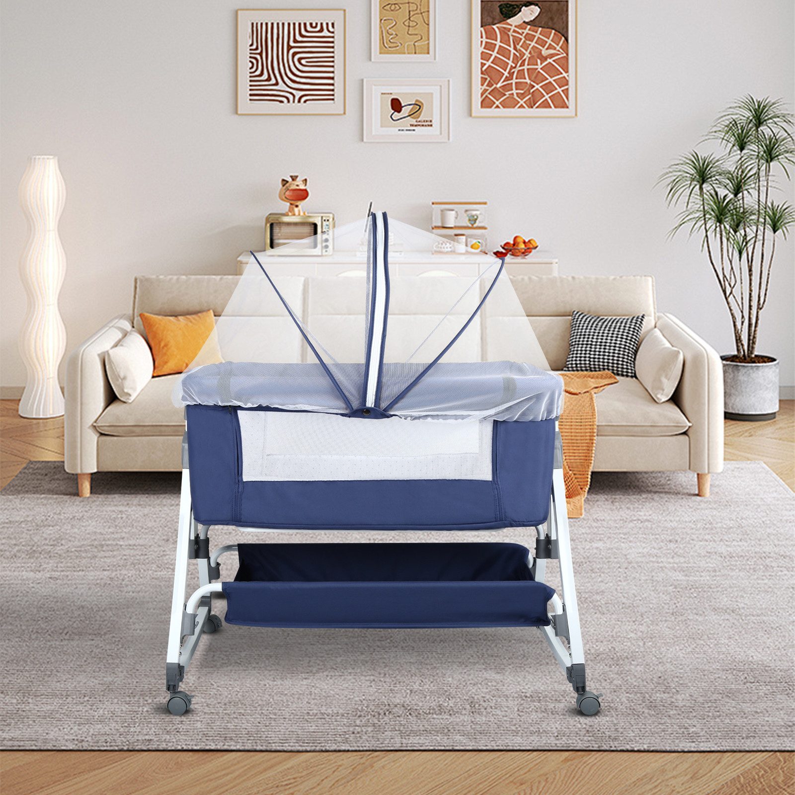 JEOBEST Beistellbett 3 in 1 Babybett, Schaukelmodus, mit atmungsaktivem Netz und Laken, mit Rollen Kinderbett, 6-Fach Höhenverstellung, Moskitonetz, Lagerung – Bild 2 von 5