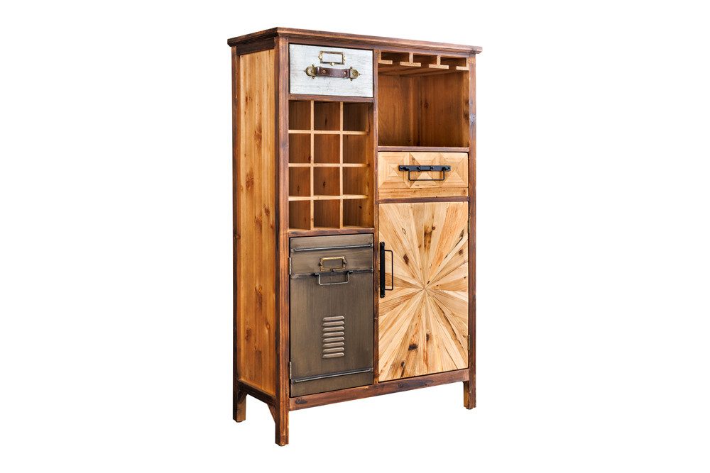 riess-ambiente Barschrank ATELIER 120cm natur - Pinienholz, Metall-Vintage-Bar, Gläseraufhängung (Einzelartikel, 1-St) Authentischer Weinregal - ideal für Küche, Esszimmer oder Loft-Wohnung