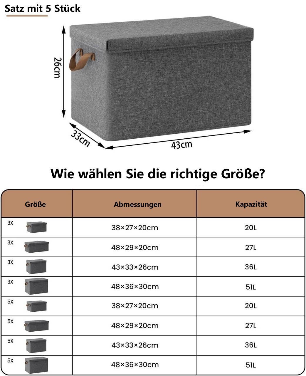 Woltu Aufbewahrungsbox (3 St., Set), mit Deckel, mit Griffen, faltbare Box für Kleidung Spielzeug