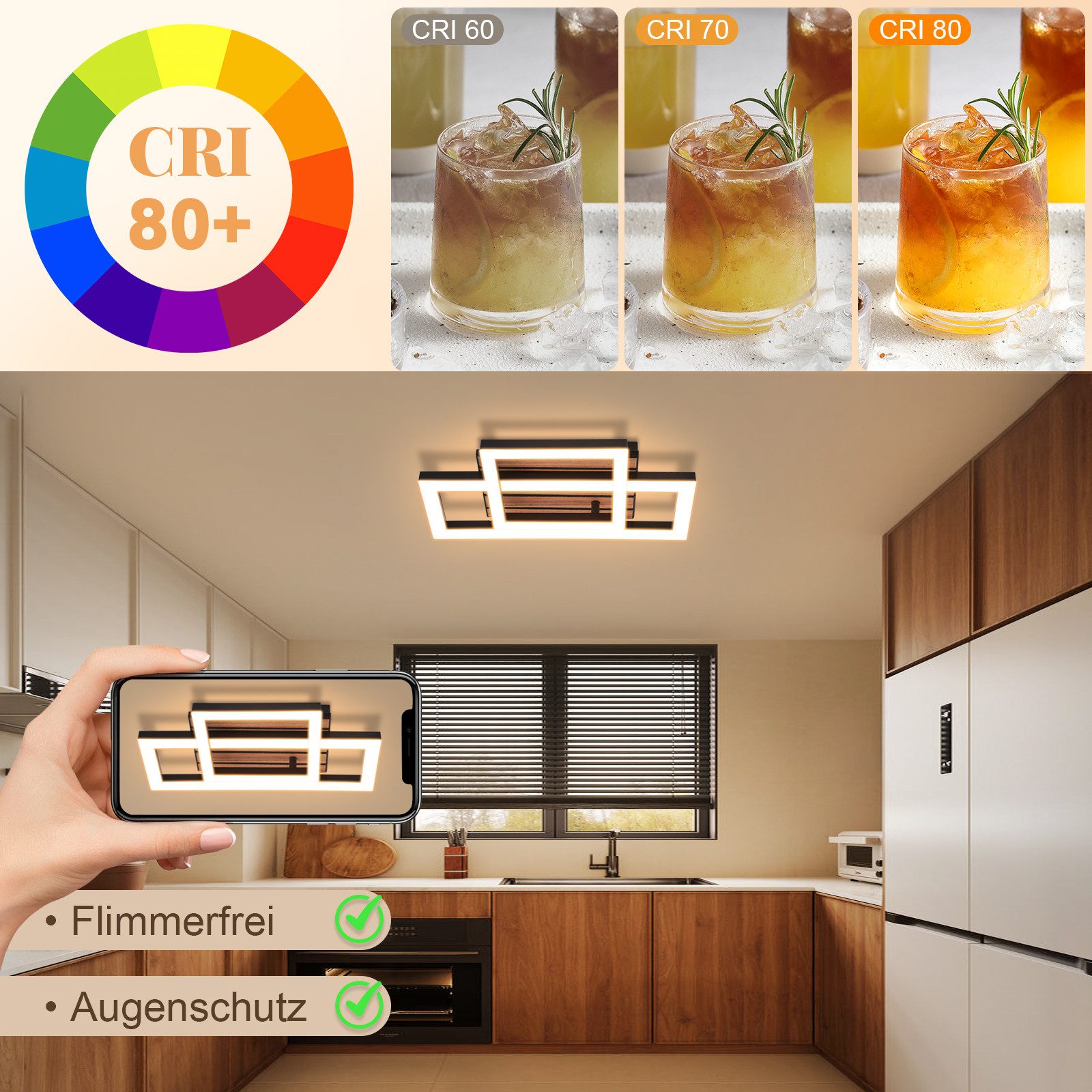 Nettlife LED Deckenleuchte Retro schwarz 14/21W eckig 3000K Warmweiß Design lampe Holz, LED fest integriert, für Küche Schlafzimmer Flur Wohnzimmer Bürolampe Zu – Bild 4 von 5