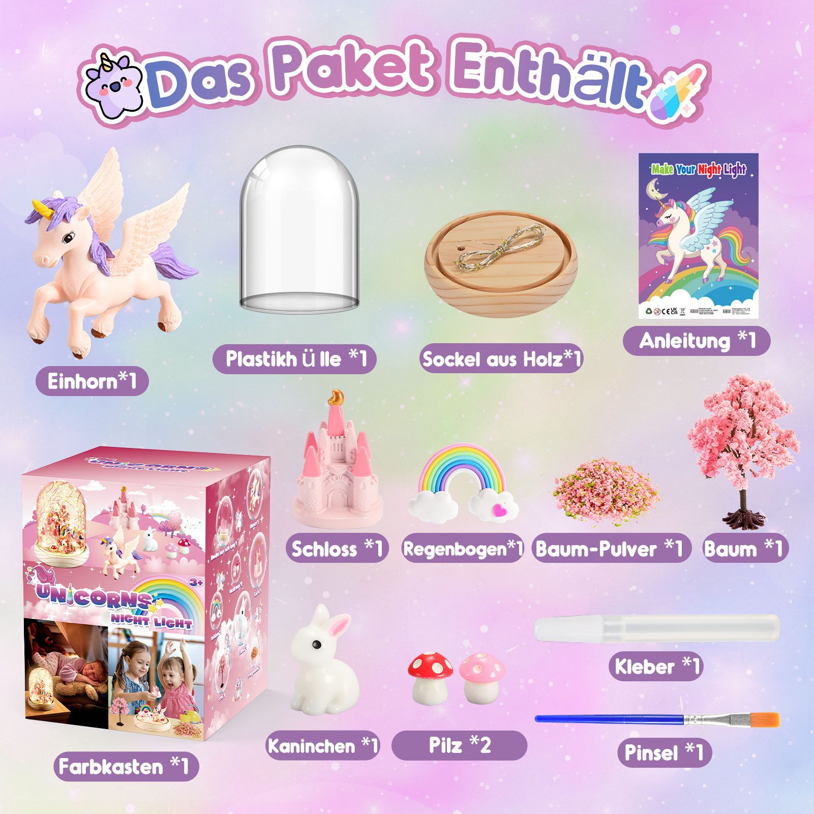 Wootoy Kreativset Einhorn Nachtlicht Bastelset Kinder DIY LED-Nachtlicht, (mit Bebilderte Schritt-für-Schritt-Anleitung, 1-tlg., verbindet kreatives Gestalten mit spielerischem Lernen), Geschenkidee für Kinder und Einhorn-Fans mit dekorativem Mehrwert