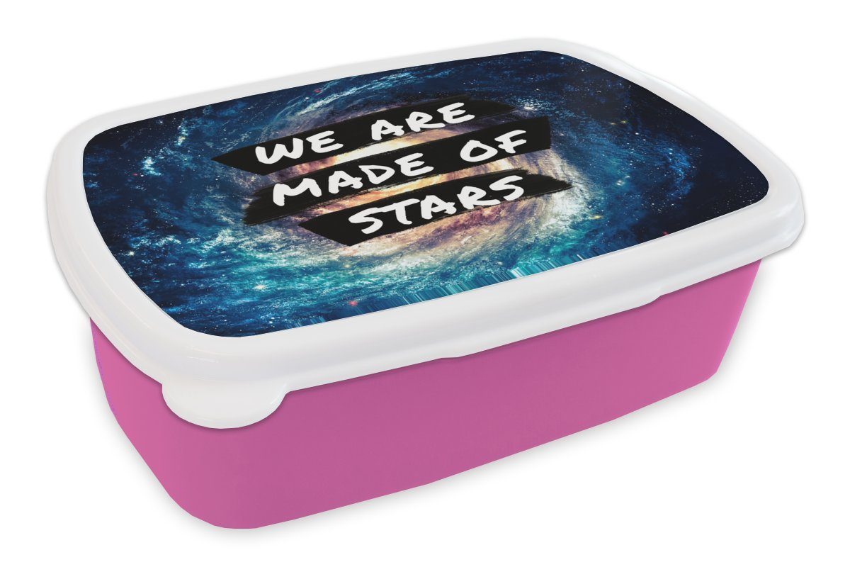 MuchoWow Lunchbox Sprichwörter - 'Wir sind aus Sternen gemacht' - Sterne - Zitate -, Kunststoff, (2-tlg), Brotbox für Erwachsene, Brotdose Kinder, Snackbox, Mädchen, Kunststoff rosa