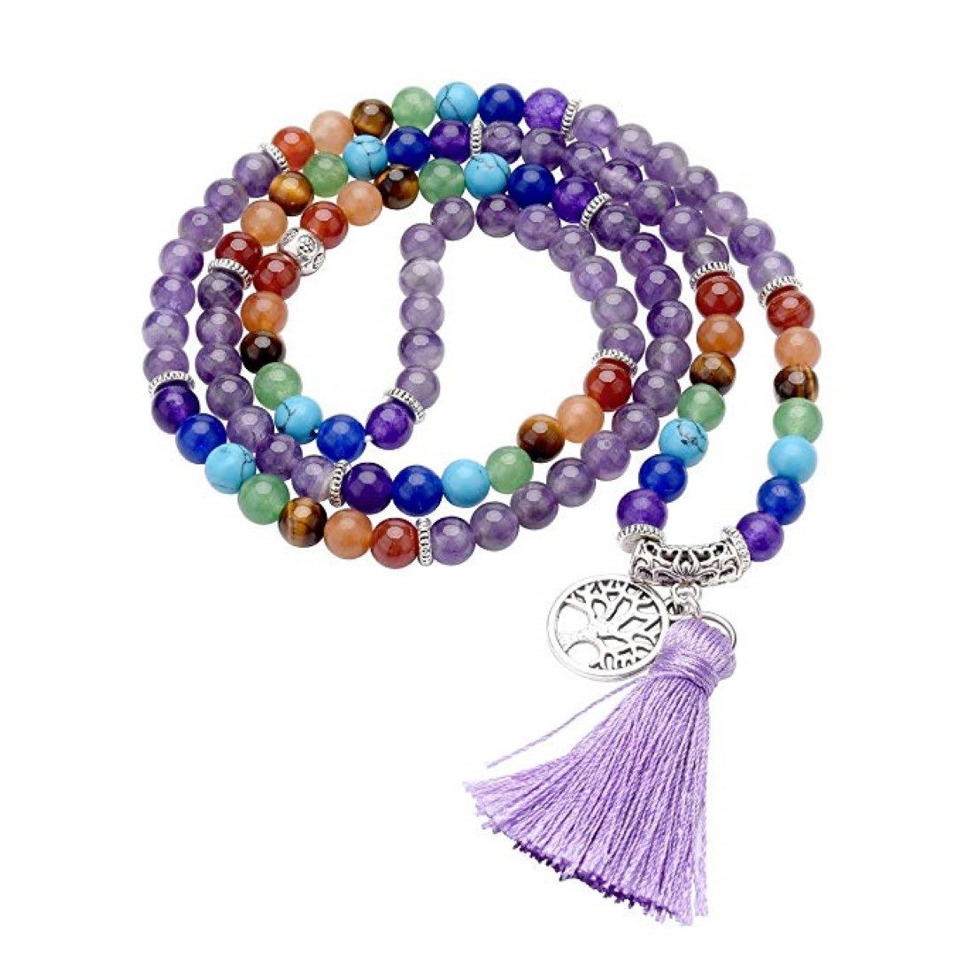 Saraswati Lange Kette Mala "Chakra Lebensbaum" 108 Amethyst- und Chakra Edelsteine mit Metal