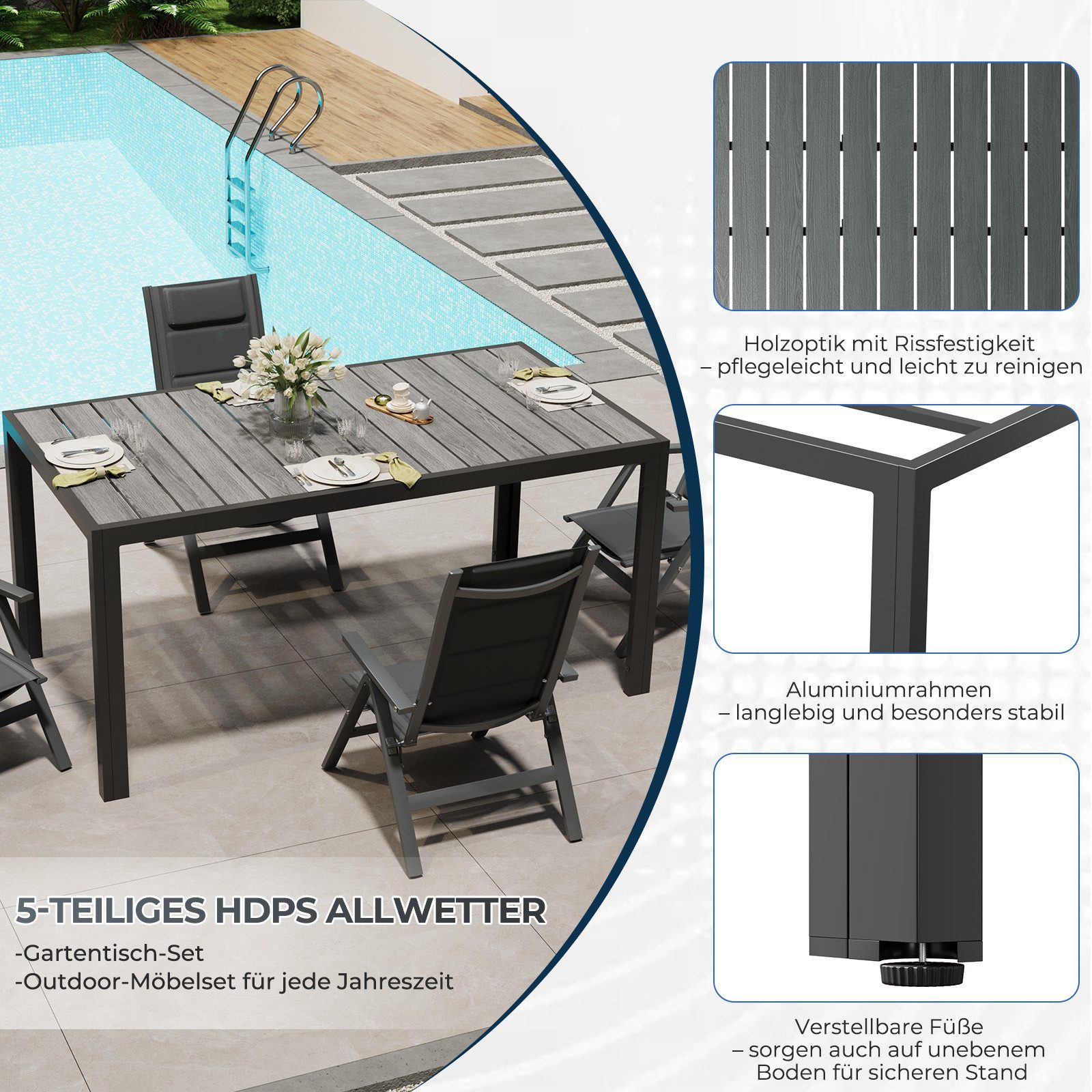 HOMALL Garten-Essgruppe Gartenmöbel Set aus klappbarer Armlehnstuhl und Aluminium Gartentisch, (5-tlg., 4 Klappstuhl (bis 160kg), 1Tisch (bis 100kg), Aluminium, Textilgewebe), Holzoptik Tisch & klappbare Stühle mit 7-fach verstellbarer Lehne