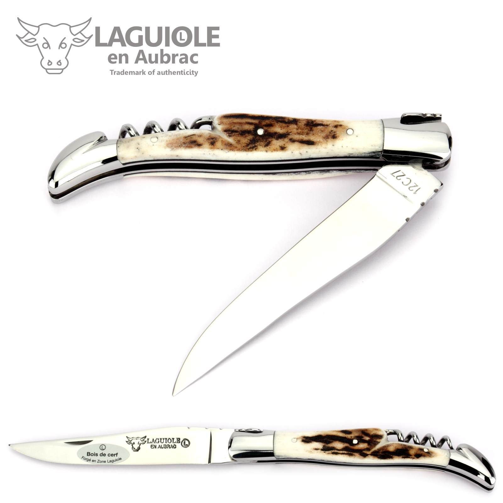 Laguiole en Aubrac Taschenmesser L0312BCIFI, Griff 12cm Hirschhorn - Verzierte Feder - Korkenzieher - Stahl Glanz
