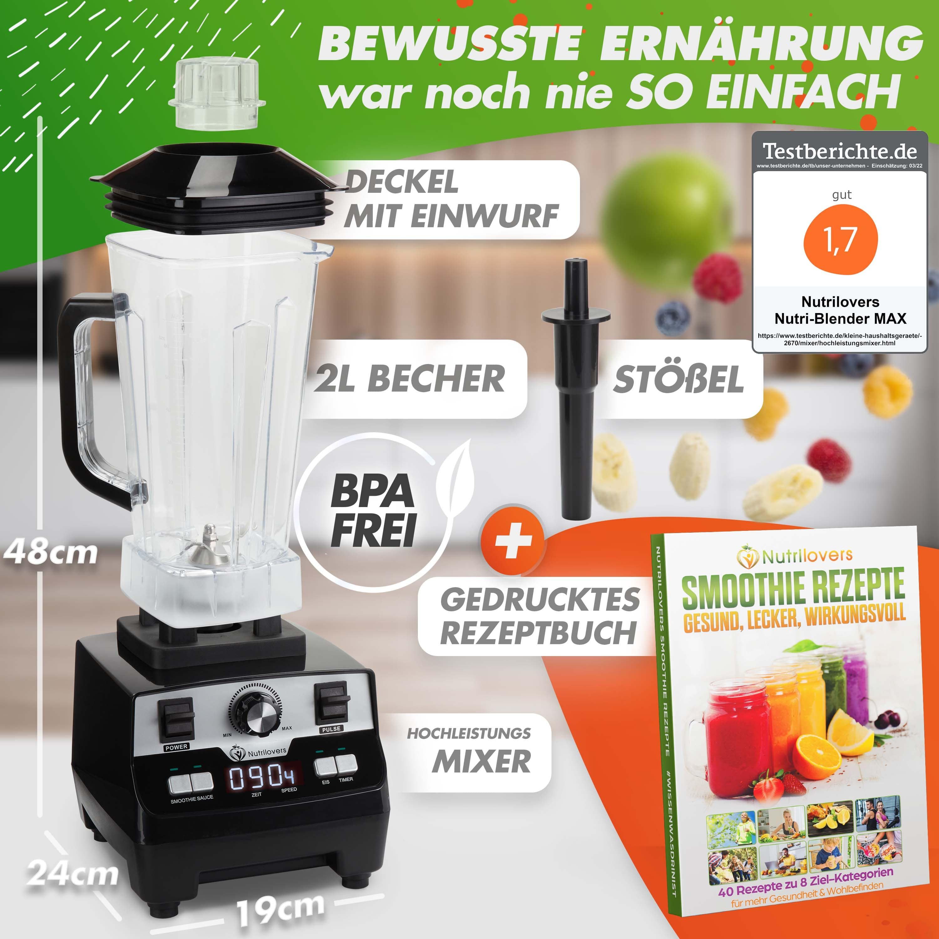 Nutrilovers Standmixer Leistungsstarkes Küchengerät - Standmixer für Smoothies & mehr - 2000W, 2000 W