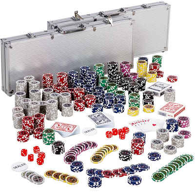 GAMES PLANET Spiel, Ultimate Pokerset mit 1000 hochwertigen Laserchips, mit Metallkern, Koffer aus Aluminium, bestehend aus 2X Pokerdecks, Dealer Button, 5 Würfel - 1000 Silver Edition