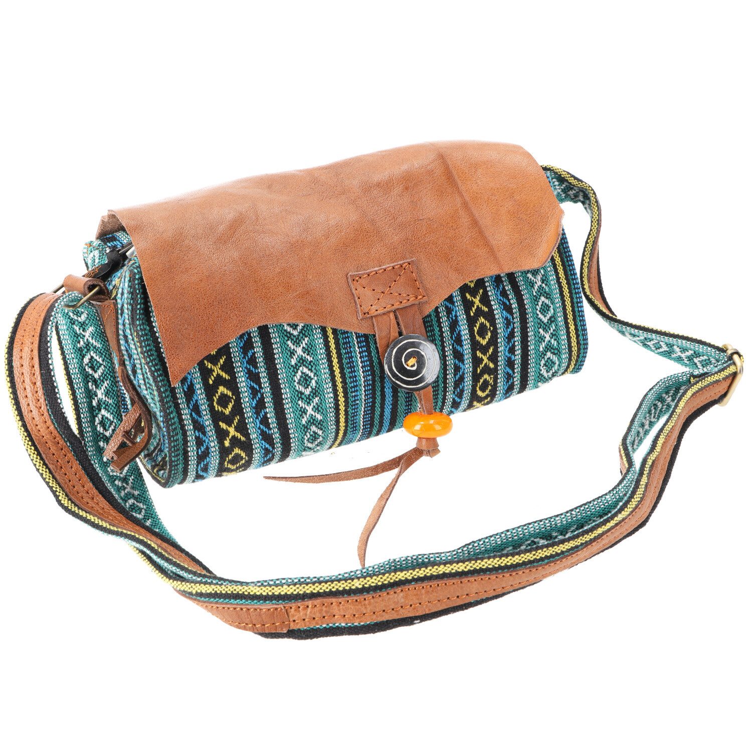 Guru-Shop Schultertasche Ethno Schultertasche mit Leder, Nepaltasche -..