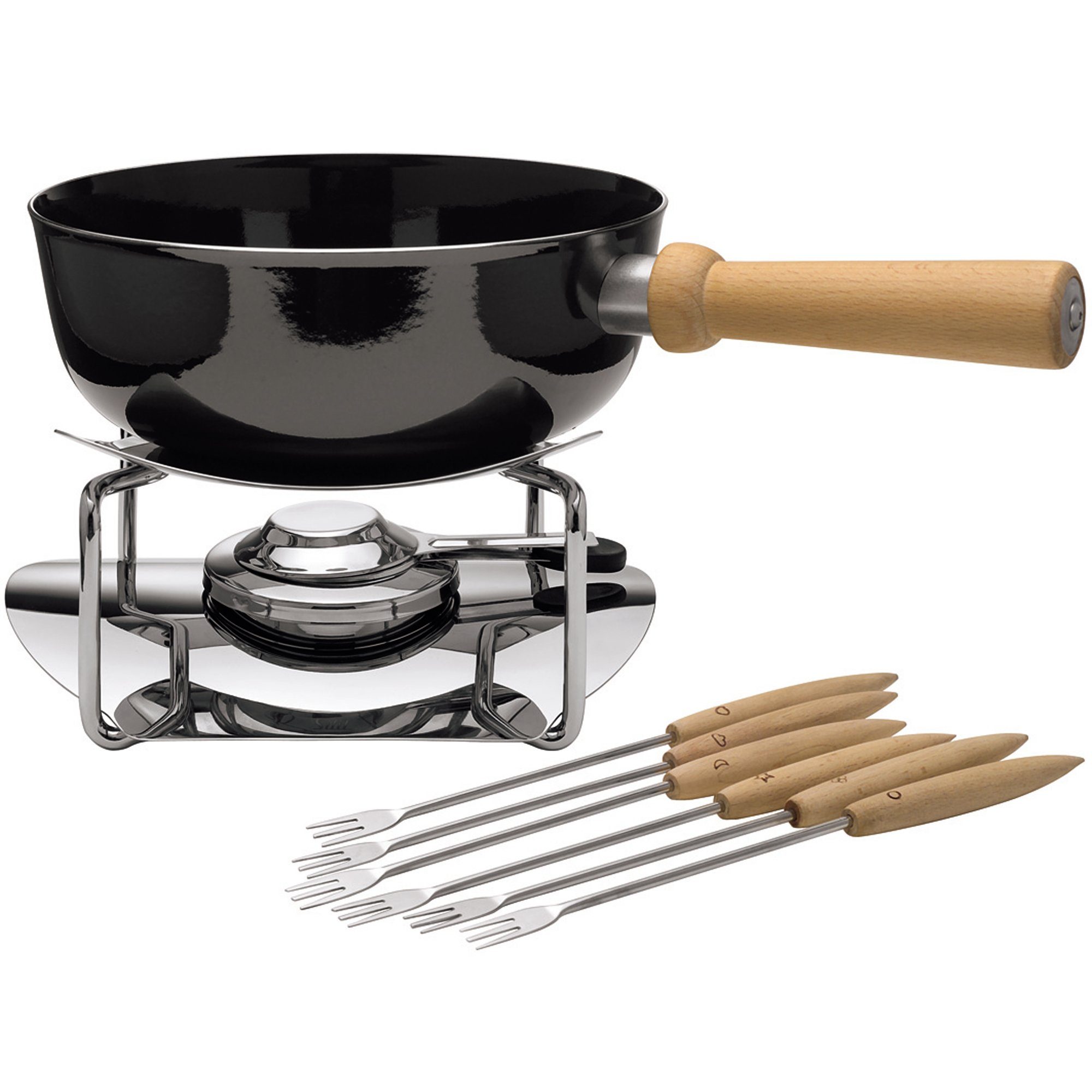 Silit Fonduetopf Ø 23 cm, 2,7 l - praktisches Fondue-Set, ideal f. Käse, Brühe o. Fett, Edelstahl 18/10, Holz, Silargan® (Set, 9-tlg., 1x Kasserolle, 1x Rechaud, 1x Brenner, 6x Gabeln mit untersch. Zeichen), Fondue-Kasserolle zum Vorheizen auf dem Herd geeignet, Made in Germany