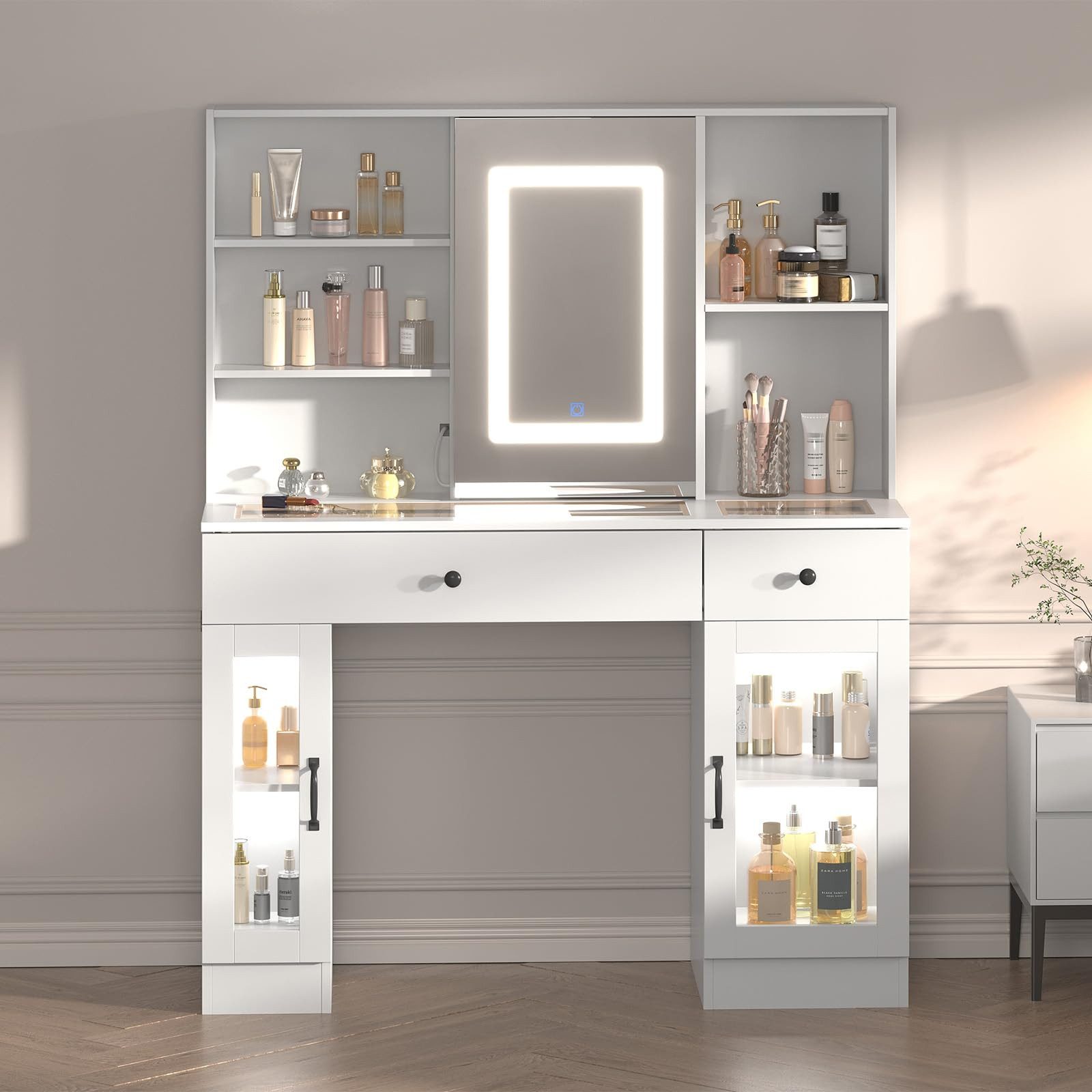 GarveeMore Schminktisch mit Schiebespiegel & Glasplatte & Glastürchen, 3-farbiges LED Licht (Weiß/Braun, integrierte Steckdosenleiste), 5 offene Fächer & 2 Schubladen (große mit 9 Fächern) & 2 Schränke