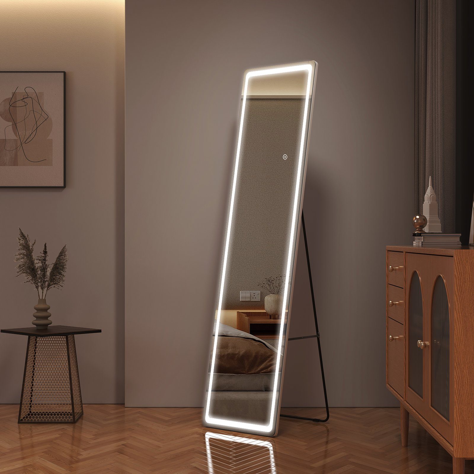 EMKE Ganzkörperspiegel 160x40cm Standspiegel mit Beleuchtung LED Wandspiegel, mit Touch und 3 Lichtfarben, 2 Installationsmethoden