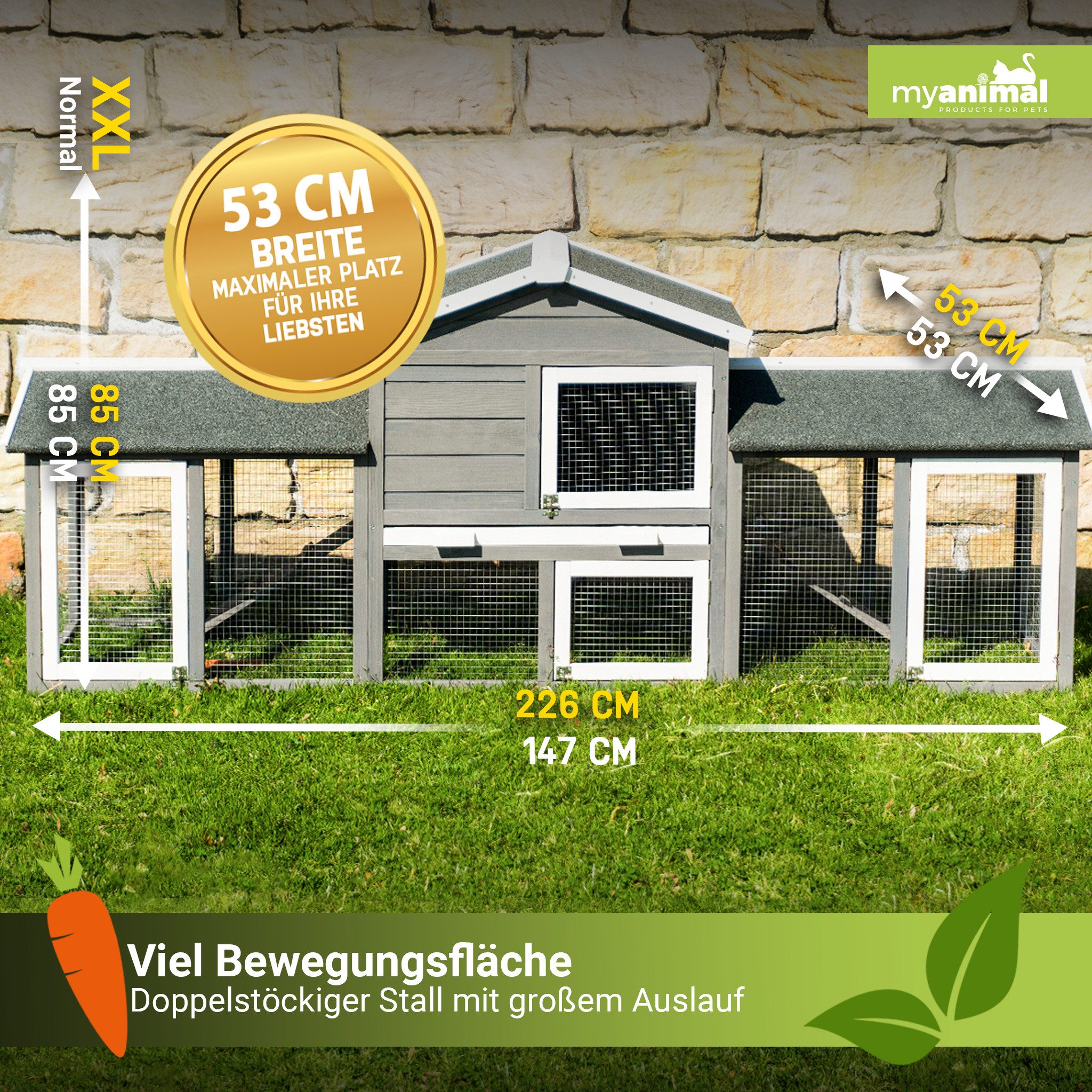 My Animal Kleintierstall Hasenstall XXL MH-03 Doppelhaus mit Freilauf, XXL Hasenstall für extra viel Platz