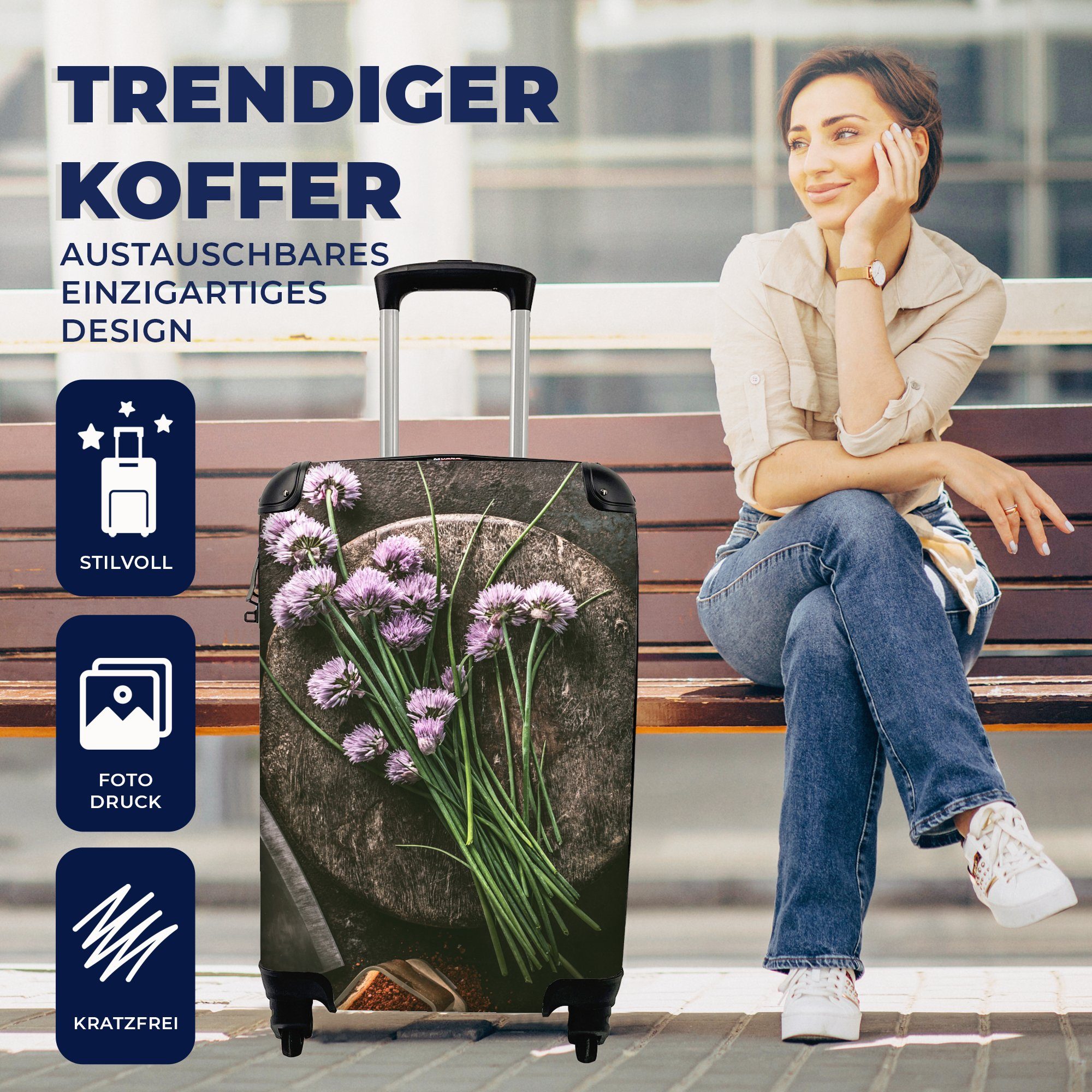 Trolley, Reisetasche - 4 Reisekoffer - mit Handgepäck Rustikal - Mörser rollen, Küche - Handgepäckkoffer Kräuter Rollen, Schnittlauch Ferien, Lila, für - MuchoWow