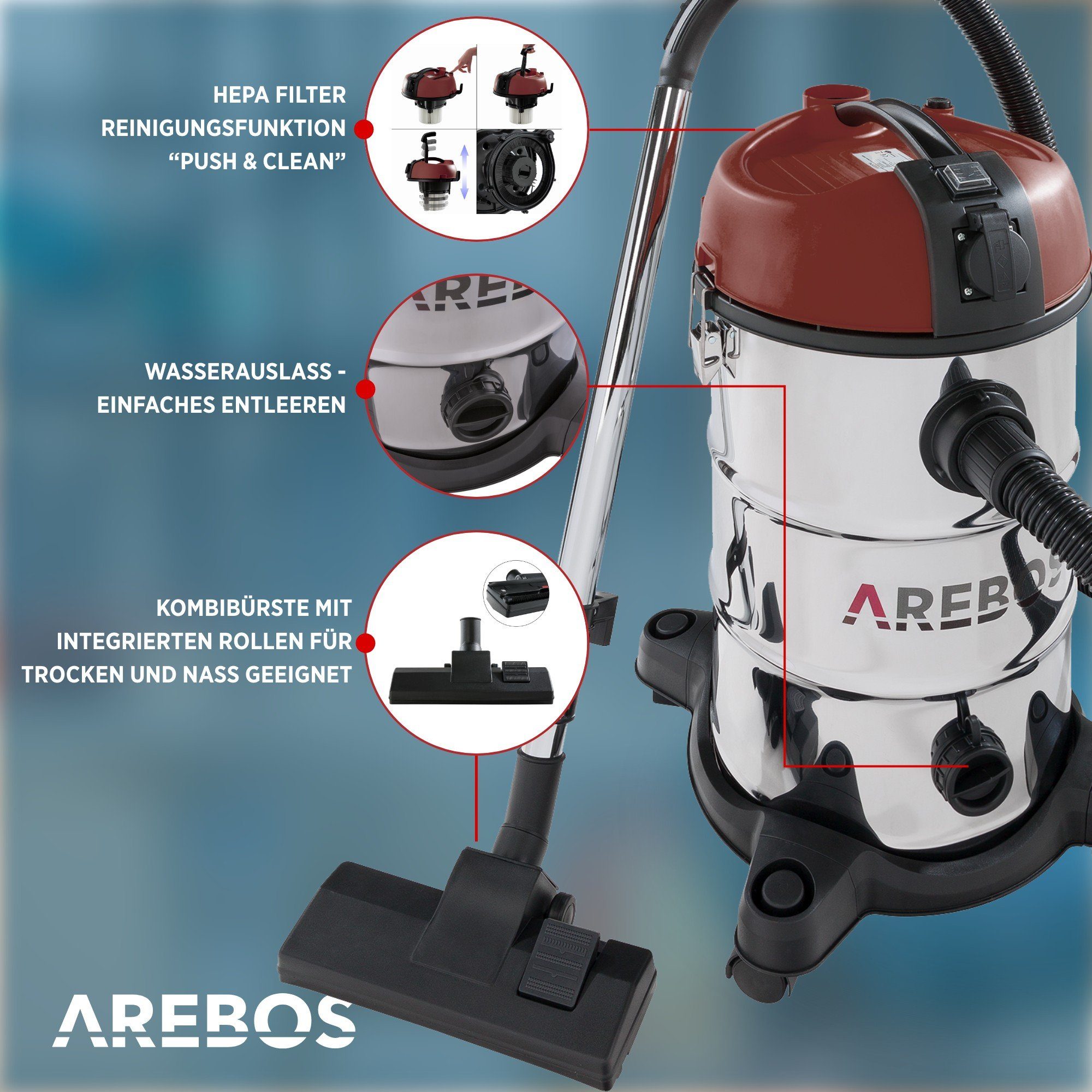 Arebos 30 für mit Entleerung Wassersauger und W, beutelloser sowie Industriesauger Trockensauger als als Wasserablass 1300 Trockensauger, praktischem Verwendbar rot schnelle mit Beutel L, Filter Nass-& 5in1, 1300W,