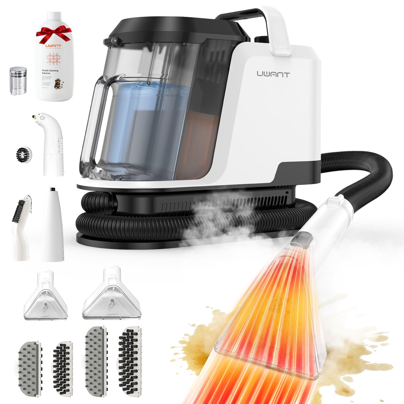 UWANT Teppichreinigungsgerät Y100 Steam 4-in-1 Teppichreinigungsgerät 18000PA, 1750 W, Polsterreiniger Gerät mit Dampferhitzung, Für Küchenfett, Teppiche, Polstermöbel, Sofas, Autos, Haustiere, 100°C Dampf, 65°C HeiBwasser, Kaltwasser-Funktion, Selbstrein