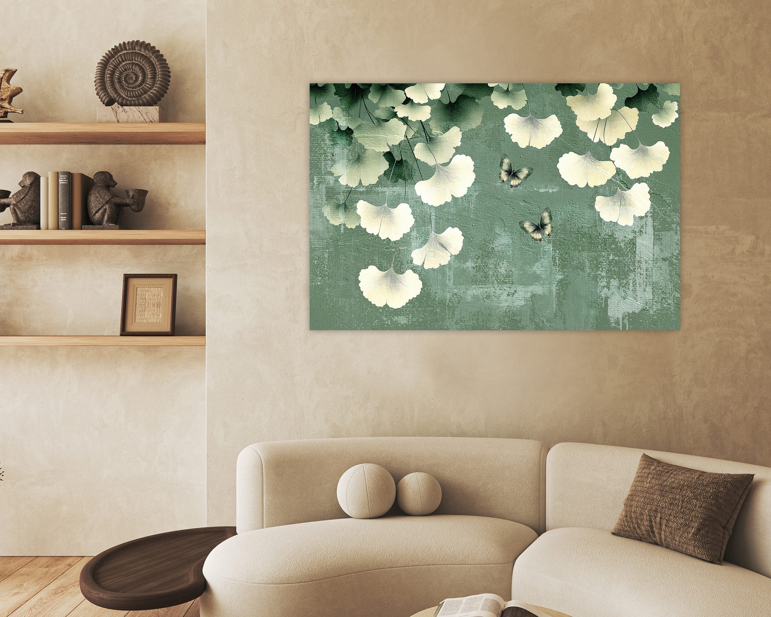 queence Leinwandbild Gingko mit Schmetterlingen, Canvas Bild von Hand bespannt, (1 St), Zeitlose Ginkgo-Motive in hellen Farben